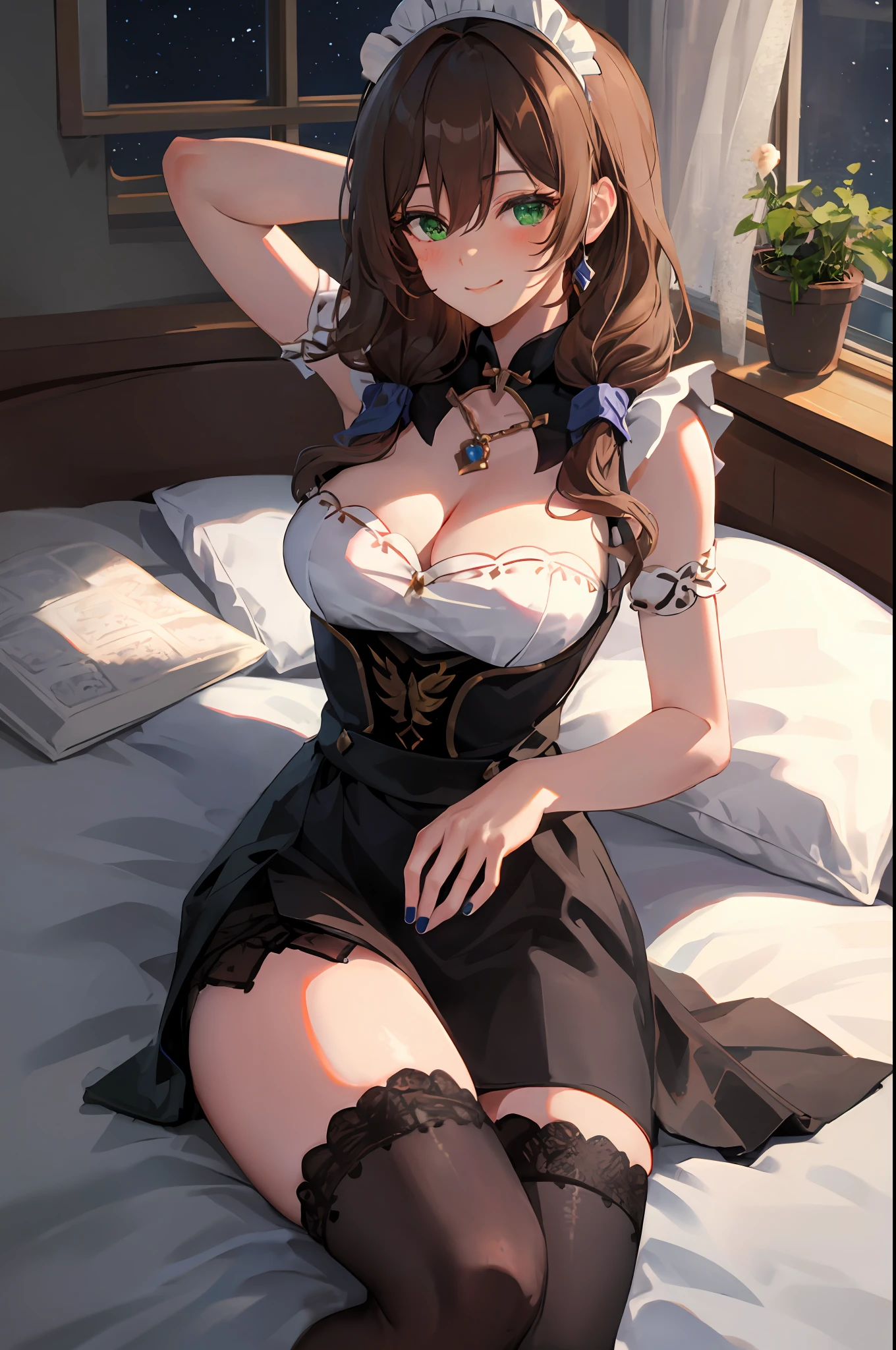 Lisa, genshin impact, 1girl, solo, breasts, cleavage, hair between eyes, messy hair, large breasts, long hair, looking at viewer, brown hair, red short nails, green eyes, solo, thighhighs, ((masterpiece)), maid dress, meidofuku, maid, skirt, stocking, ribbon, maid uniform, lying, lying on bed, bedroom, bed, pillow, window, night sky, blush, shy, smile, sexy pose, maid hair band,