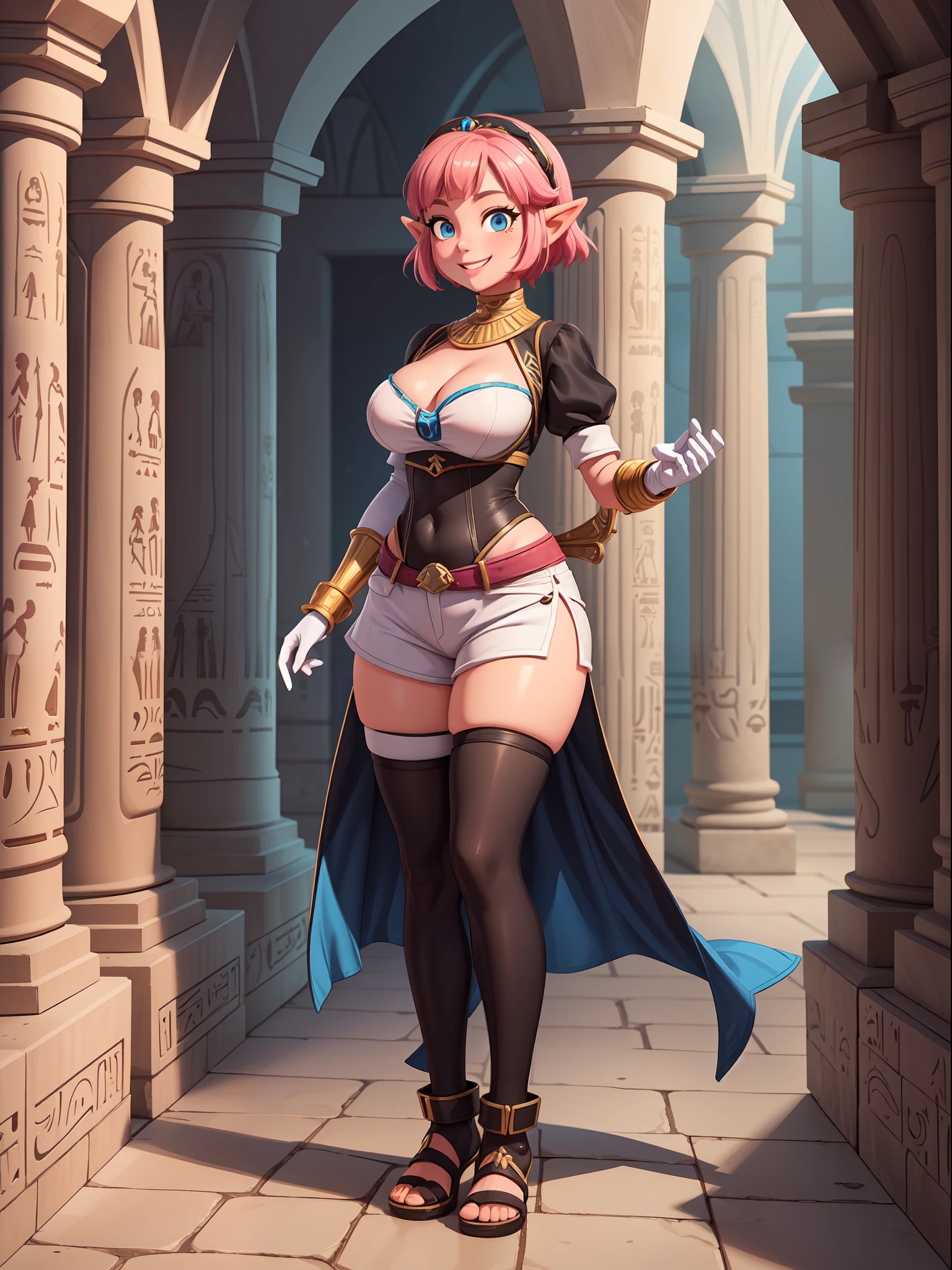 ((Full body, standing):1.5), Only Princess Zelda:wearing extremely tight-fitting black maid outfit, with short white shorts, extremely large breasts, very short pink hair, blue eyes, posing erotic, smiling and looking at the viewer, in an Egyptian tomb full of sarcophagi, with mummies inside.