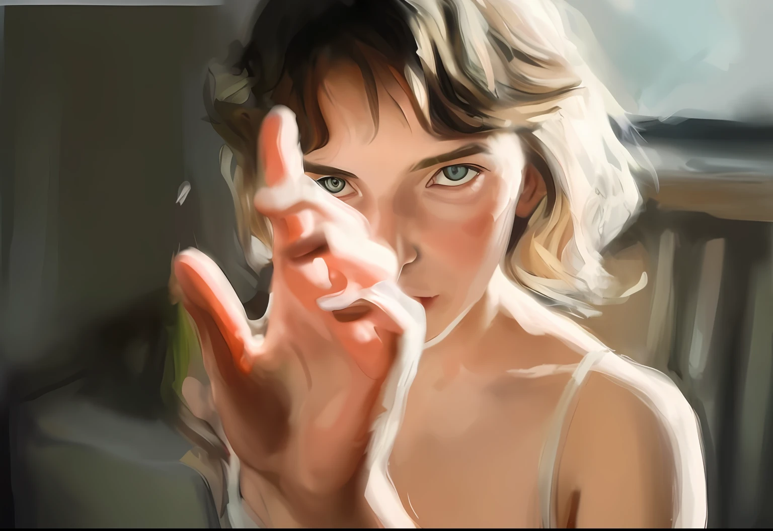 painting of a woman with a hand up in a room, #1 digital painting of all time, # 1 digital painting of all time, digtial painting, digital 4k painting, an expressive digital painting, digital paining, smooth. digital painting, digital painting, realistic digital painting, digital matt painting, digital paiting, digital portrait, digital oil painting, digital painted