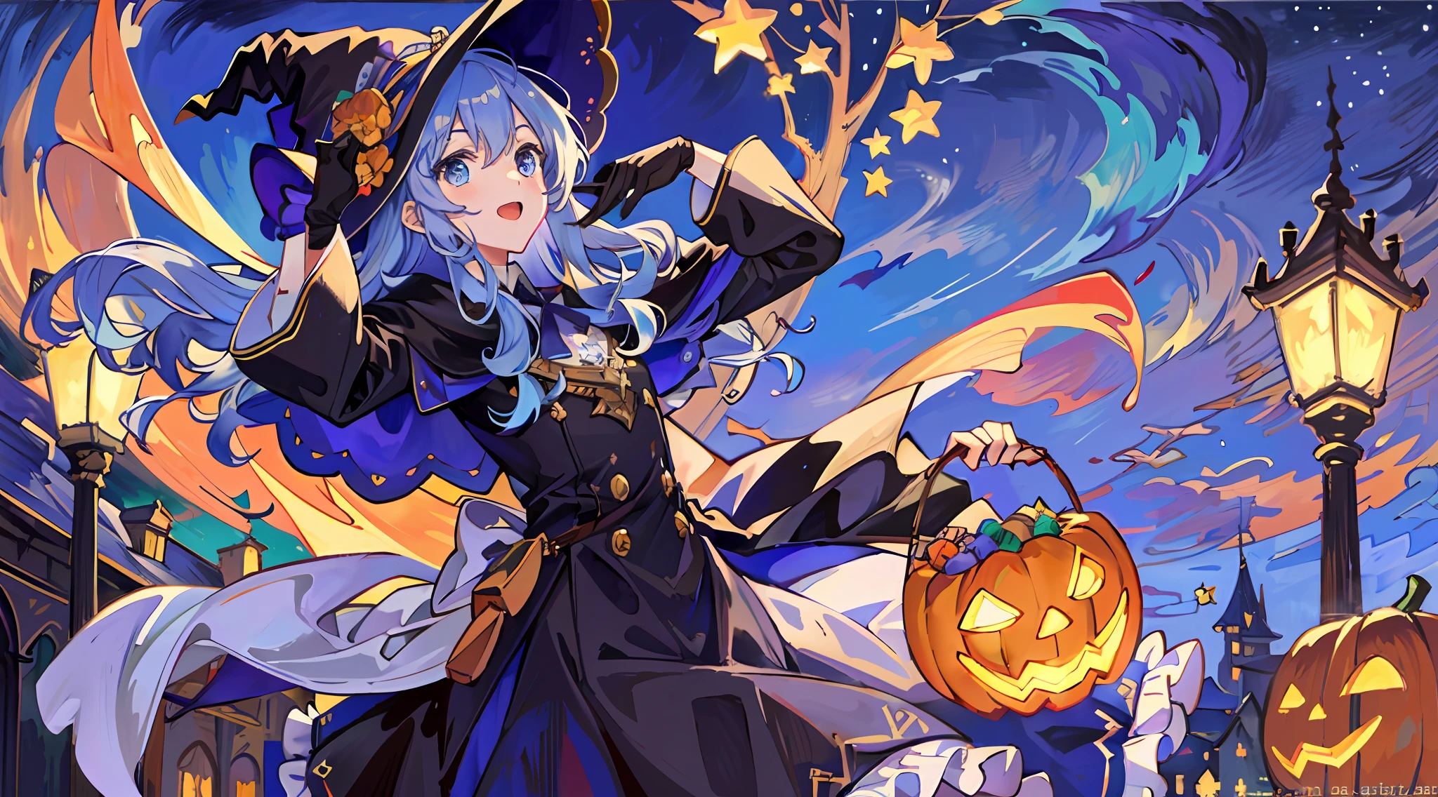 ((masterpiece:1.2, best quality)), 1girl, solo, (witch hat), a close up of a girl with curly hair, dress, aurora, night, star (sky), gloves, sky, dress, night sky, open mouth, starry sky, light blue eyes, ribbons, smile, cape, colorful hair, magic, casting spell, night, (impressionism:1.4), alphonse mucha, Halloween colors, colorful candy, magical lights, pumpkins, candies, spooky castle cathedral background