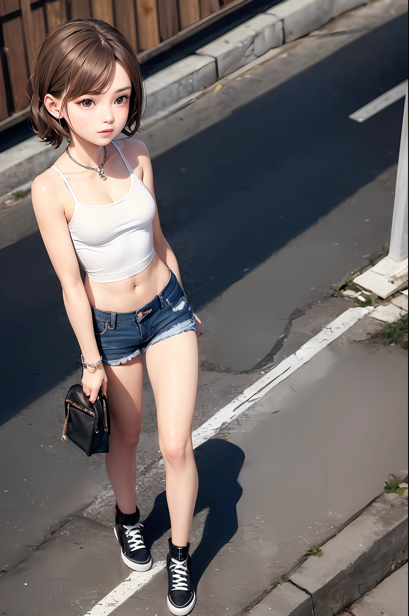 ((medium breast, tomboy girls, small head)),  (chiseled abs : 1.1), (perfect body : 1.1), (short wavy hair : 1.2) , auburn hair, collar, chain, full body shot, crowded street, wearing black tanktop, jeans jacket, ((shorts)), (extremely detailed CG 8k wallpaper), (an extremely delicate and beautiful), (masterpiece), (best quality:1.0), (ultra highres:1.0)