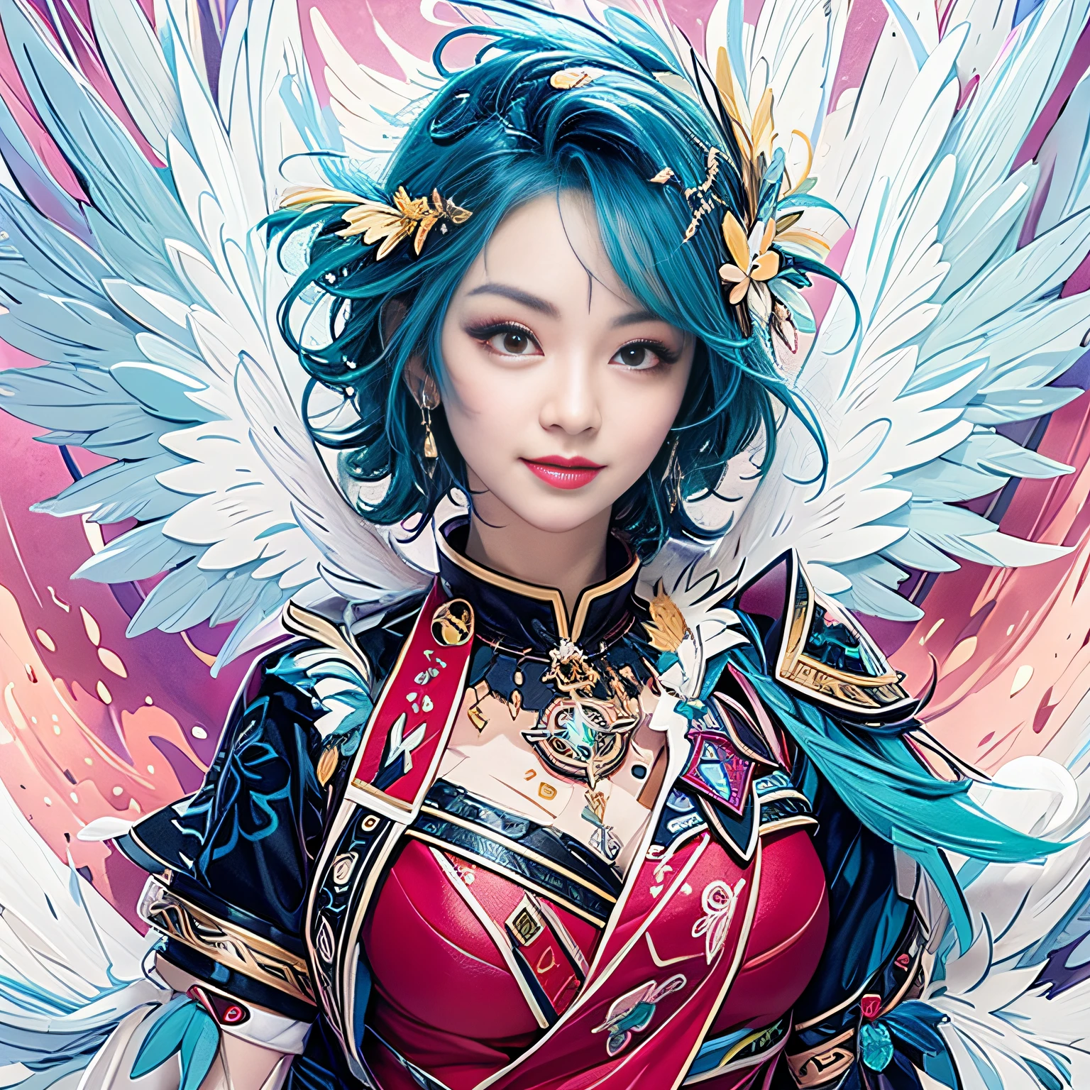 Girl with blue hair and wings in front of colorful background, high detailed official artwork, fantastic art style, very detailed artgerm, 4k detailed digital art, realistic, delicate, slightly visible breasts, big eyes, light smile, 8k, very fine face, delicate lips, delicate eyes, double eyelids