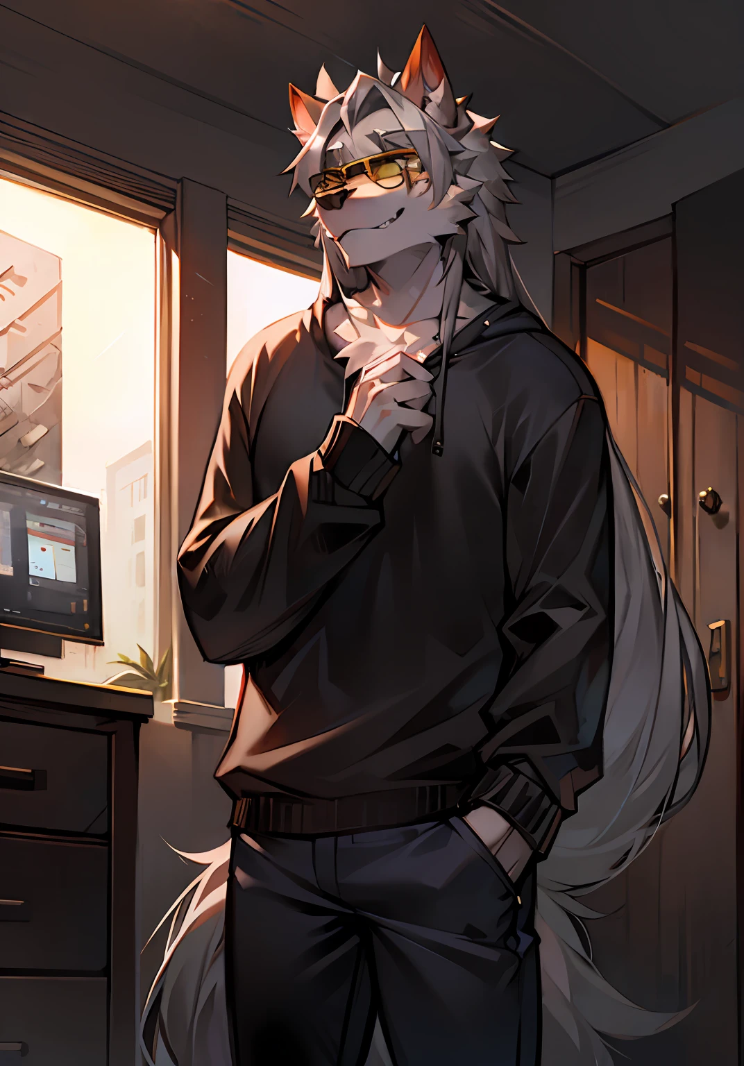 Unreal Engine, gray-haired werewolf, gray medium-long hair, adult wearing yellow sunglasses, wearing a loose sweatshirt, narrow mouth.