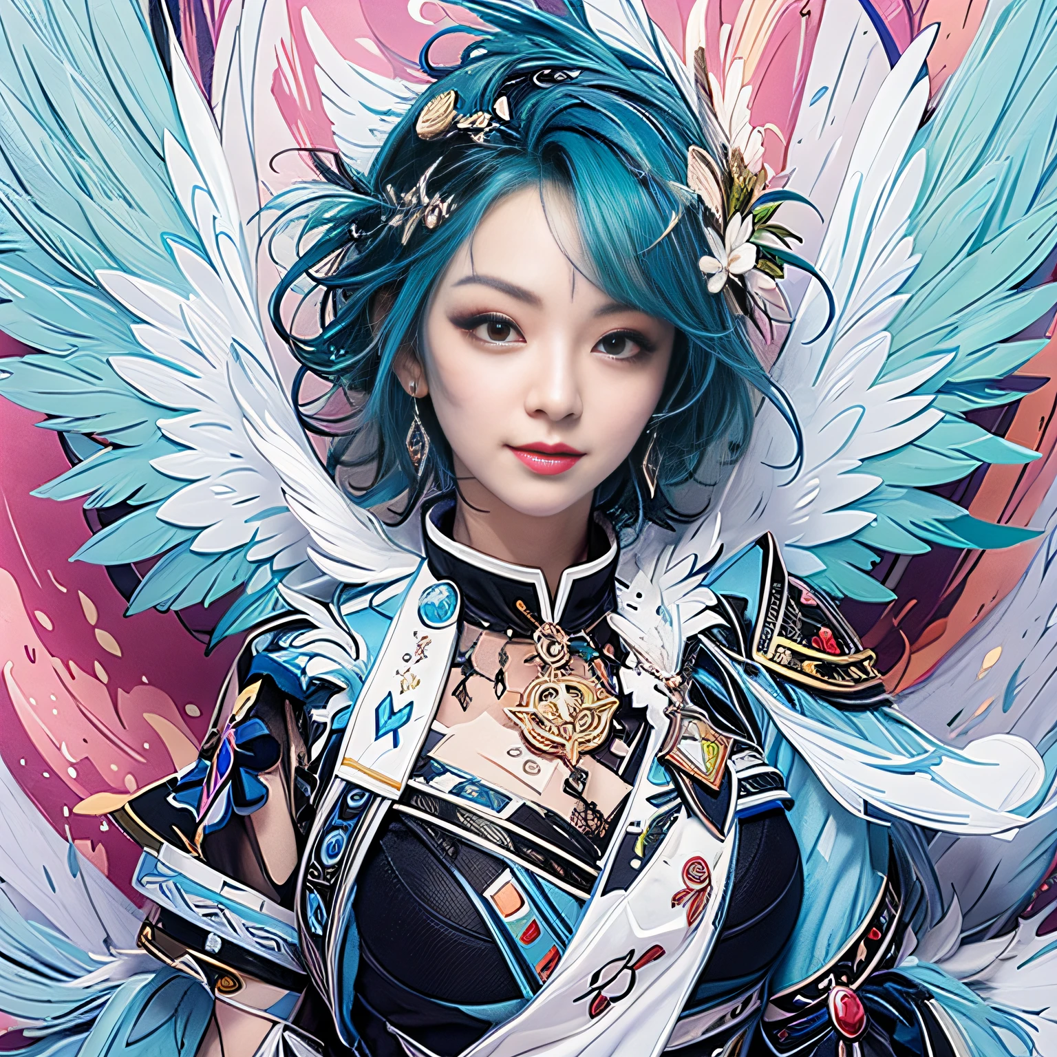 Girl with blue hair and wings in front of colorful background, high detailed official artwork, fantastic art style, very detailed artgerm, 4k detailed digital art, realistic, delicate, slightly visible breasts, big eyes, light smile, 8k, very fine face, delicate lips, delicate eyes, double eyelids