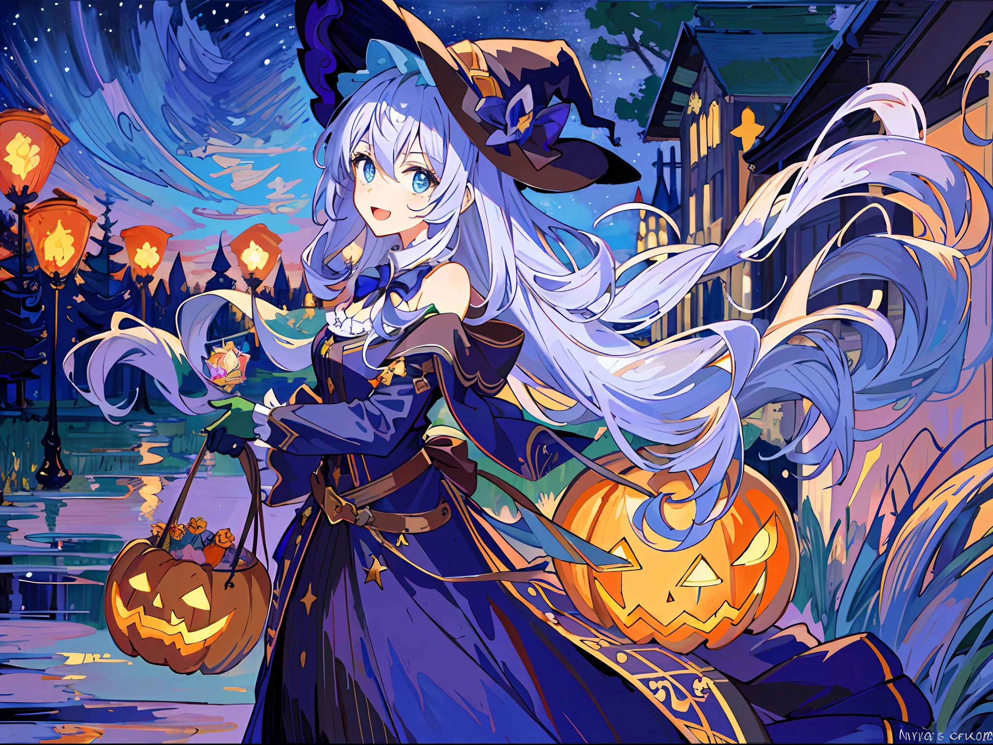 ((masterpiece:1.2, best quality)), 1girl, solo, (witch hat), a close up of a girl with curly hair, dress, aurora, night, star (sky), gloves, sky, dress, night sky, open mouth, starry sky, light blue eyes, ribbons, smile, cape, colorful hair, magic, casting spell, night, (impressionism:1.4), alphonse mucha, Halloween colors, colorful candy, magical lights, pumpkins, candies