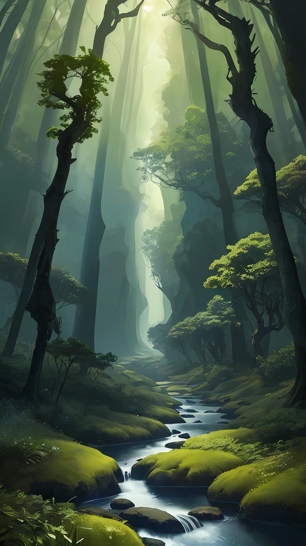 Illustration of a hyperrealistic , otherworldly, ultrasky scene featuring a giant crystal tree full body,very detailed and magical lighting, intricate forest details, vegetation and river around, solarpunk ,landscape, giant tree, beatifull leafy with beautiful lighting and realistic proportions, as if it were a cinematic background, 8k, highest quality, masterpiece, clouds and stars in the sky.