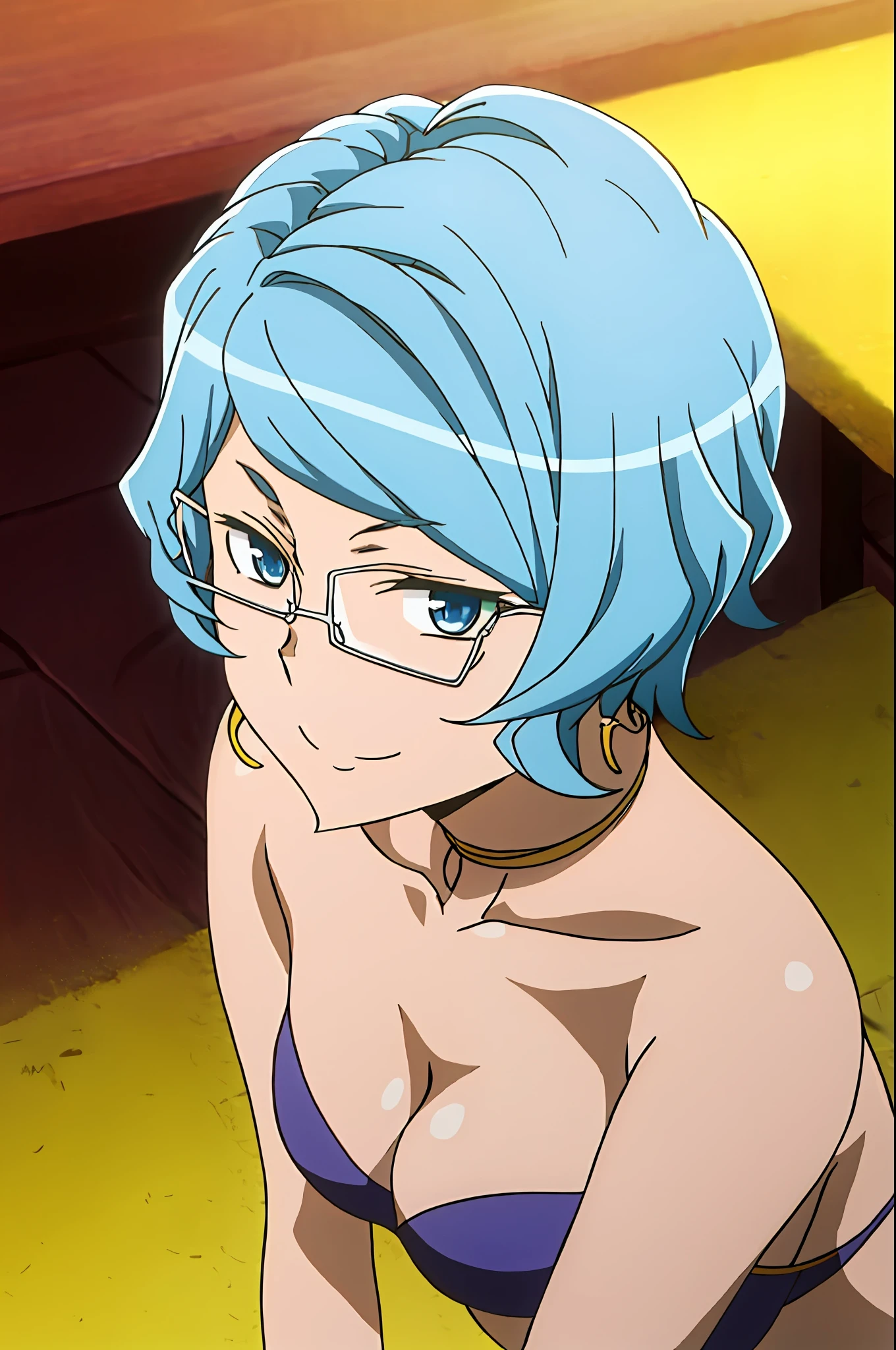 asfi, anime art style, 1 girl, alone, looking at the viewer, short hair, blue eyes, blue hair, full body, glasses, blue bikini, smiling, kneeling on a bed, leaning forward, back angle,