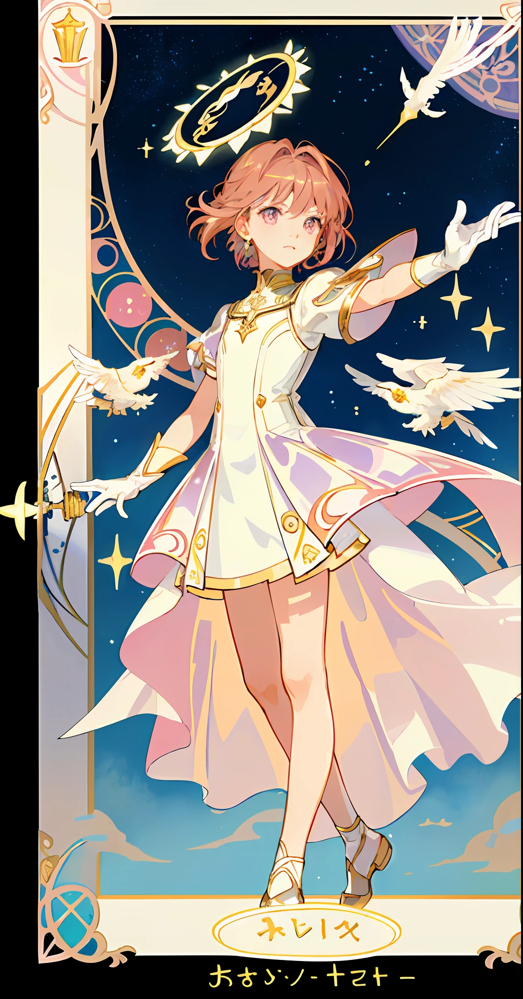((masterpiece,best quality)),(1girl, solo:1.4),beautiful detailed eyes, vivid, cinematic light, full_body, pink_flowers, (tarot_card), intricate, detailed background, looking_at_viewer, Cardcaptor sakura, hands reaching out, (flat chest), (walking), casual pose, posing, (white_gloves), (pink_eyes), white feathers, sparkles, glitter, celestial, outerspace, by alphonse mucha, (gold frame), halo, (tarot border)