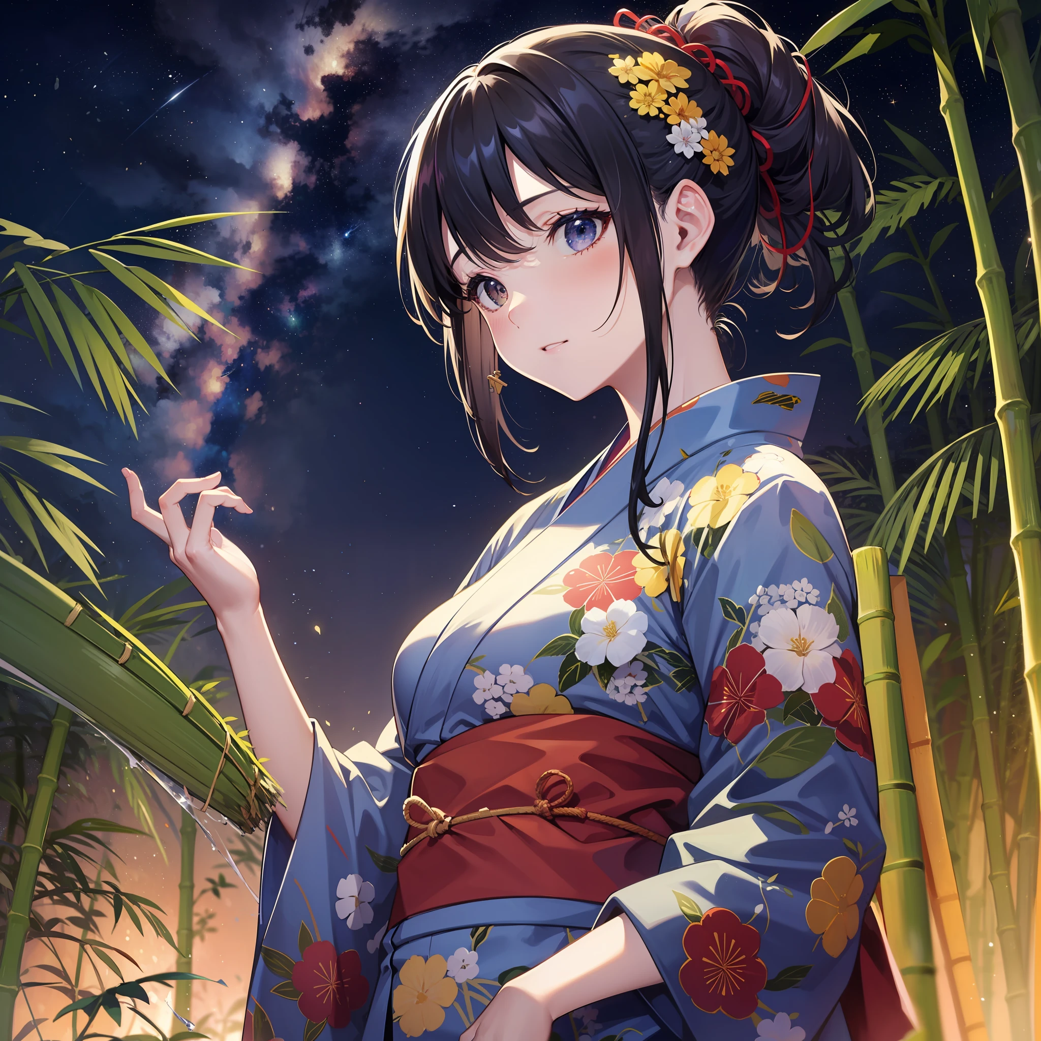 Top quality, masterpiece, super detailed, accurate depiction, highly detailed 8k wallpaper, beautiful woman, solo, black hair ponytail, Tanabata, yukata, milky way, night, bamboo grass, Tanzaku,