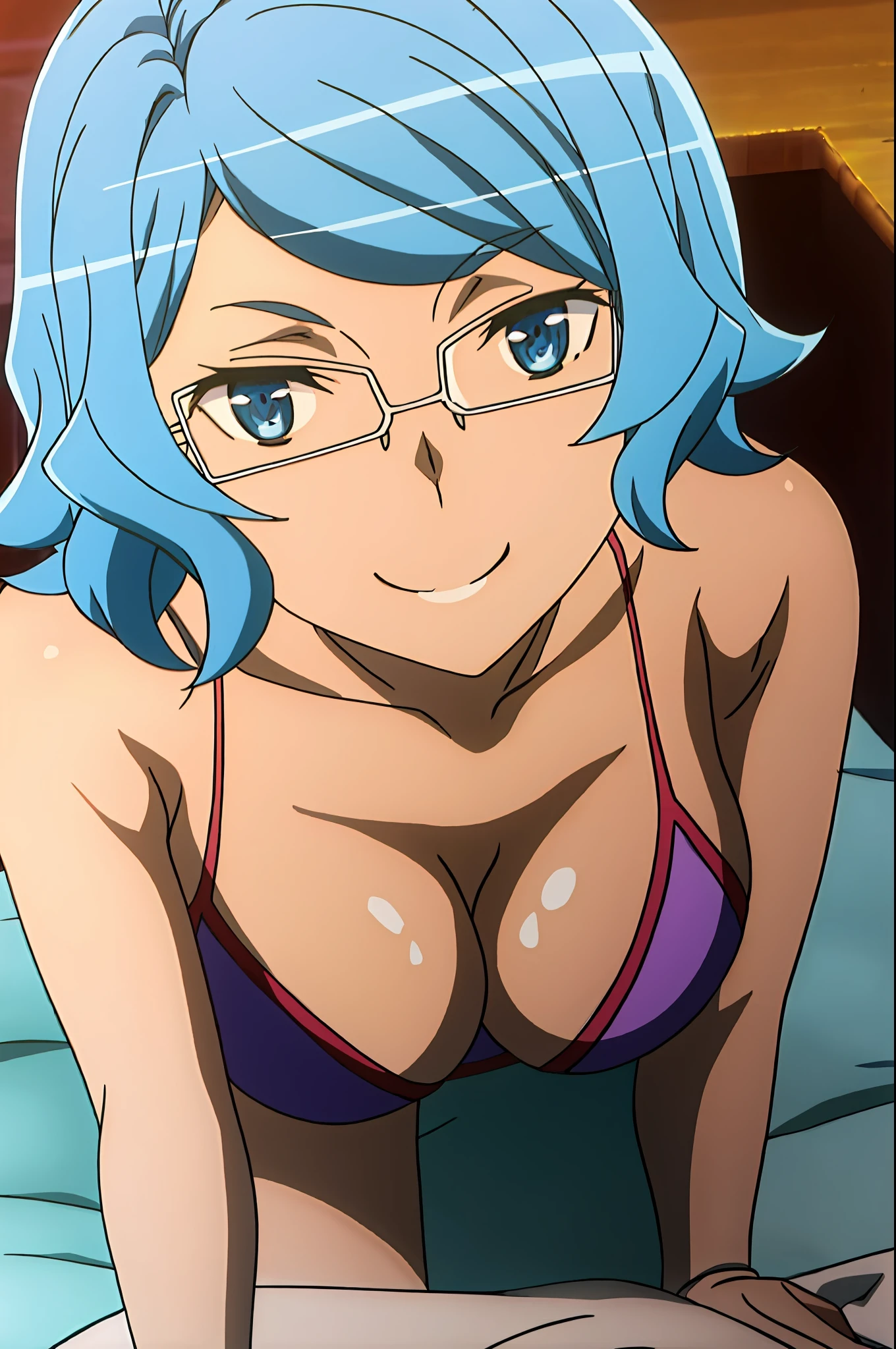 asfi, anime art style, 1 girl, alone, looking at the viewer, short hair, blue eyes, blue hair, full body, glasses, blue bikini, smiling, kneeling on a bed, leaning forward, back angle,