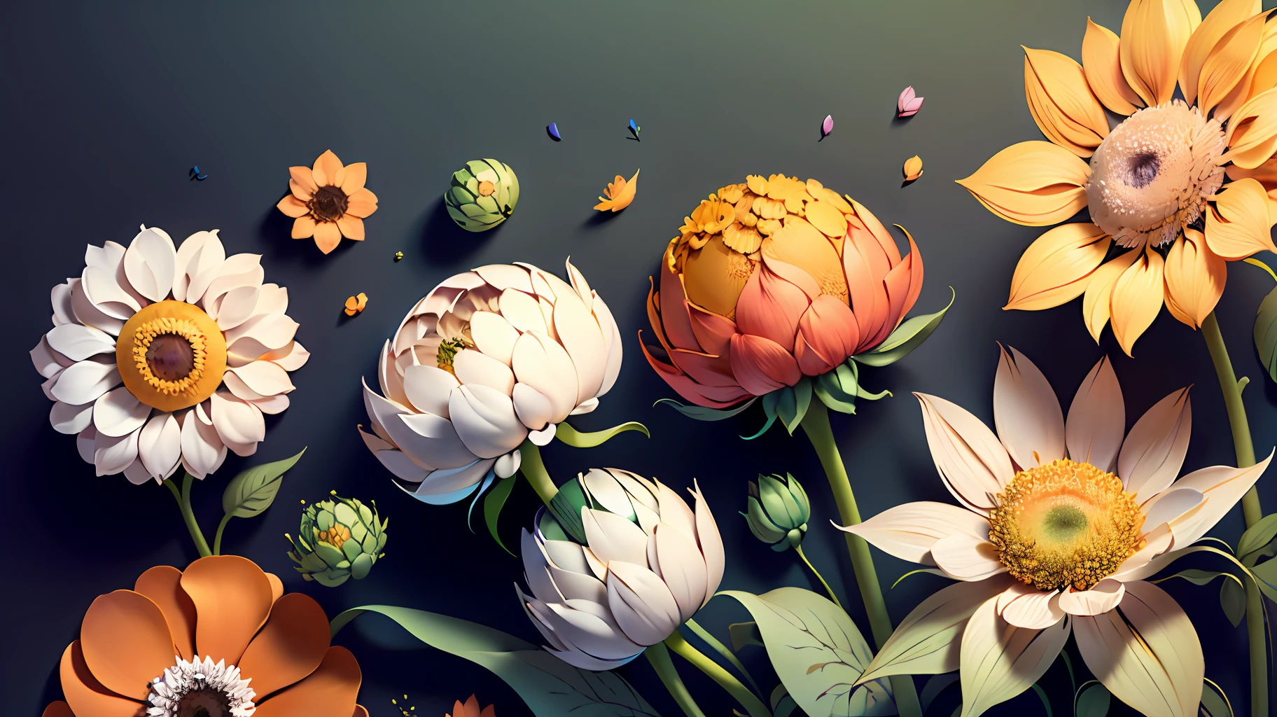 (extremely detailed CG unity 32k wallpaper), (masterpiece), (best quality), (ultra-detailed), (best illustration), (best shadow), (photorealistic:1.1), super high resolution, (strabismus: 0.5), Imagine a world where sunflowers reign, their patterns seamless and delicate petals dancing in nature's artistry. Visualize a peaceful garden basked in the warm glow of sunlight, where sunflowers of various shades harmonize in perfect unison. Each petal is meticulously crafted, revealing intricate details and unique variations. Soft hues of blush and pastel blend seamlessly, telling a story of beauty, growth, and the eternal cycle of life. These patterns are inspiring, adorning fabrics, wallpapers, and digital creations. Get ready to be mesmerized, as these patterns have the power to transport you to a realm of delicate splendor.