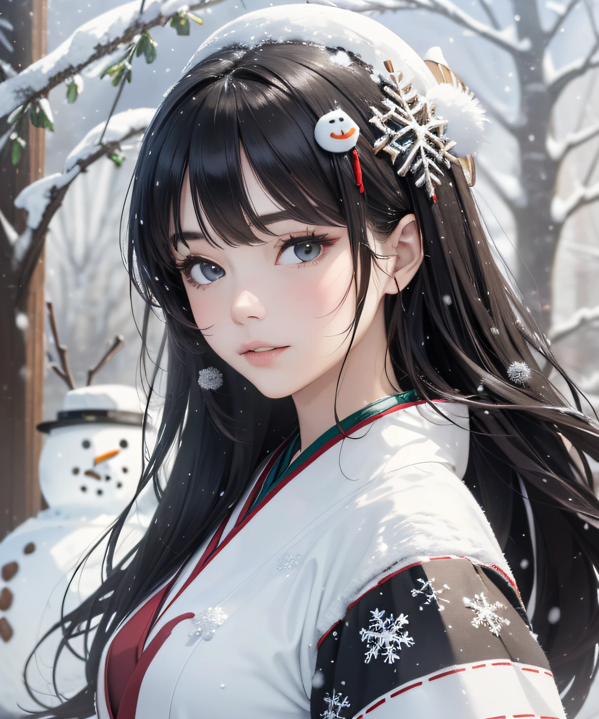 Masterpiece, realistic, highest quality, full body, black long hair, ((((Beautiful and sexy snow woman)))), (Beautiful snow woman from old tales)))), (Japan white kimono and white obi with long red sleeves fluttering only the obi hanging, face pointing downward and narrowed eyes looking up at the viewer)), (((Black hair with snowflake hair ornament and snowman hair fastening)), 20 years old, ((((Snowstorm Snowfield)))), (( No headgear))), photorealistic, blur background, sensual pose
