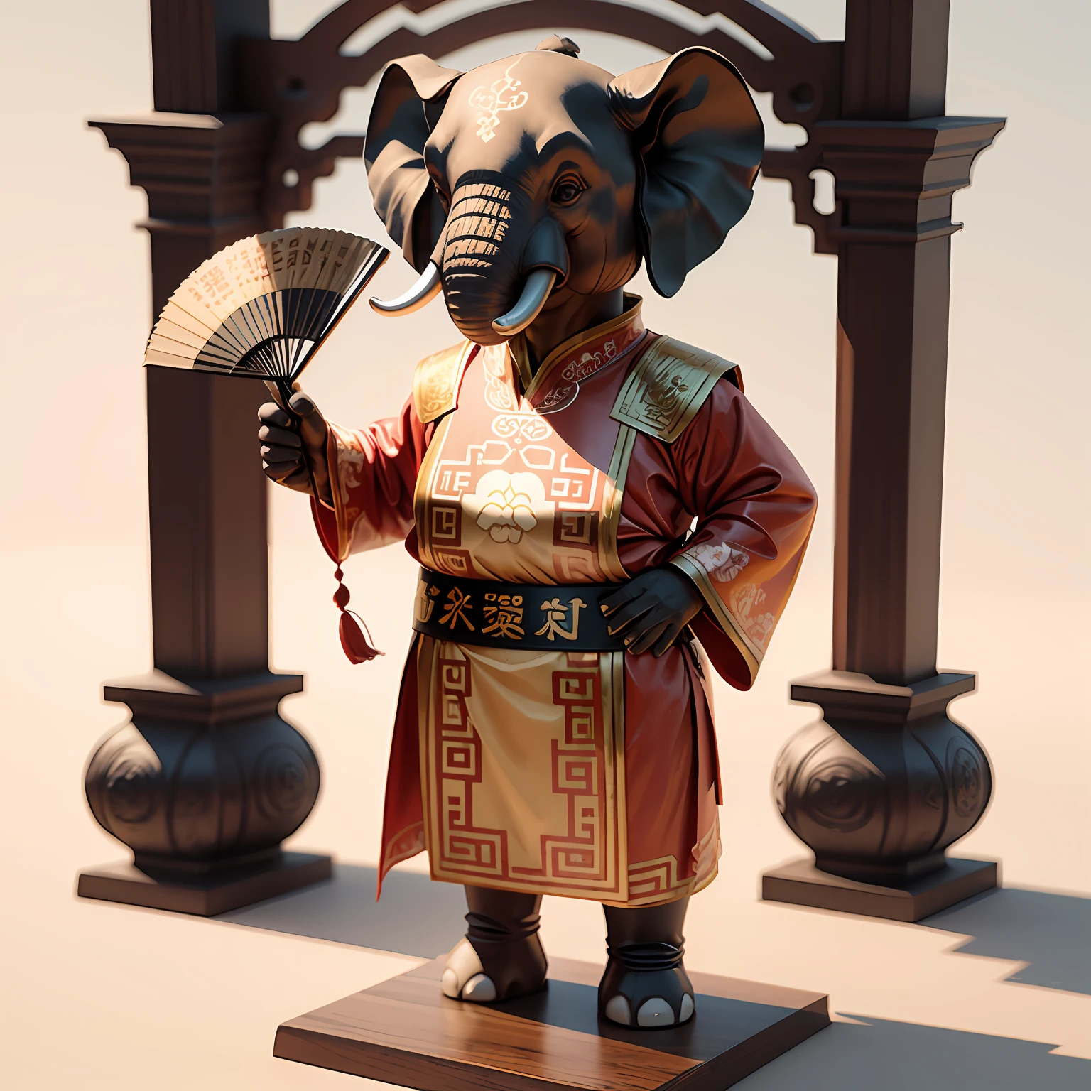 Cartoon elephant in Chinese costume holding fan, 3D image, brand IP image, ancient costume, symbol of wisdom, ancient official costume, full body photo, standing, no background, white background, cute, smart