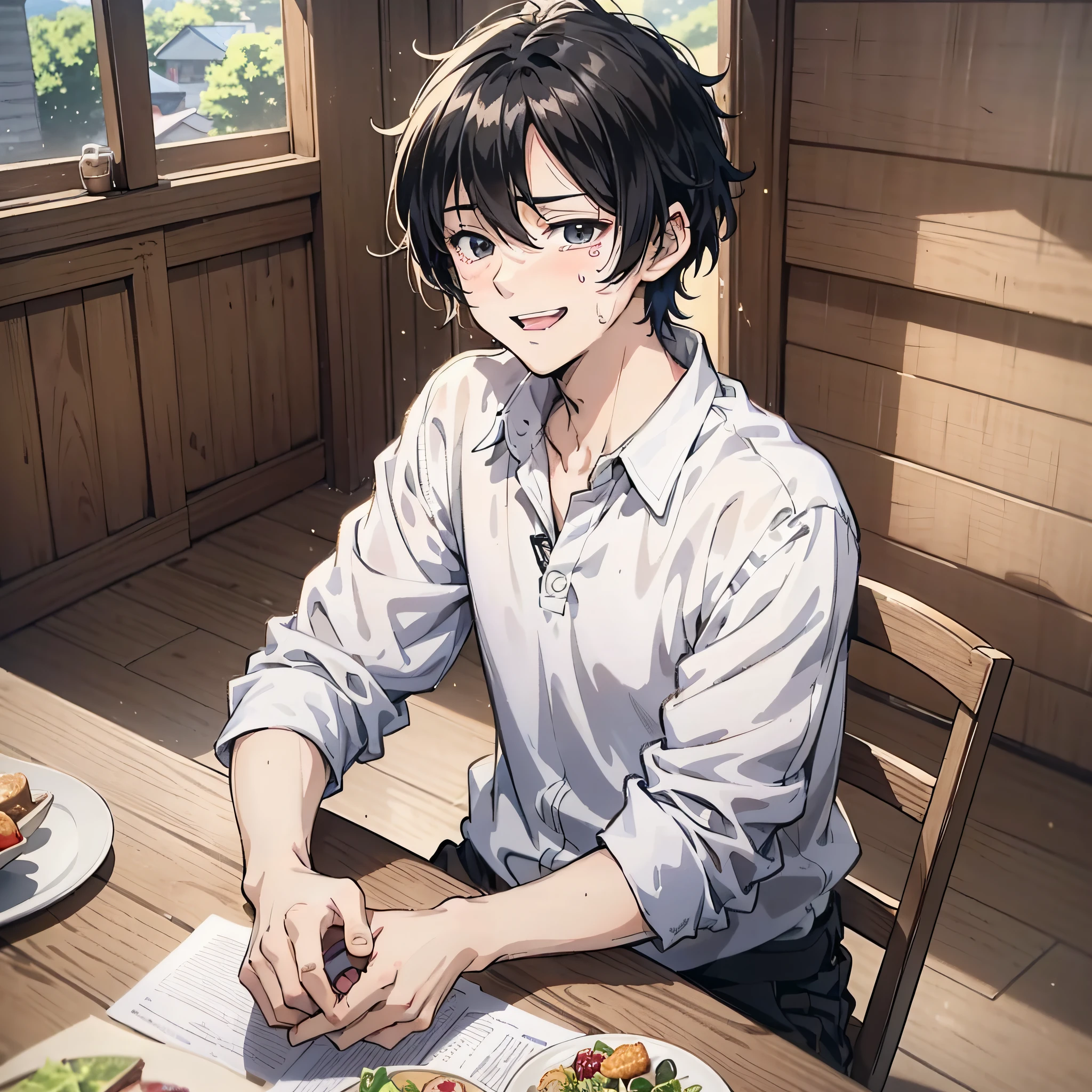 A young anime guy with short black hair and a white shirt about 30 years old sitting at a table in the house (laughing crying emoji 1.3) (sweating 1.5) (background village house 1.5) anime style 4 K, anime rendering, anime style. 8k, handsome anime face (upper body display 1.5) (handsome boy 1.3) (cinematic light 1.5)