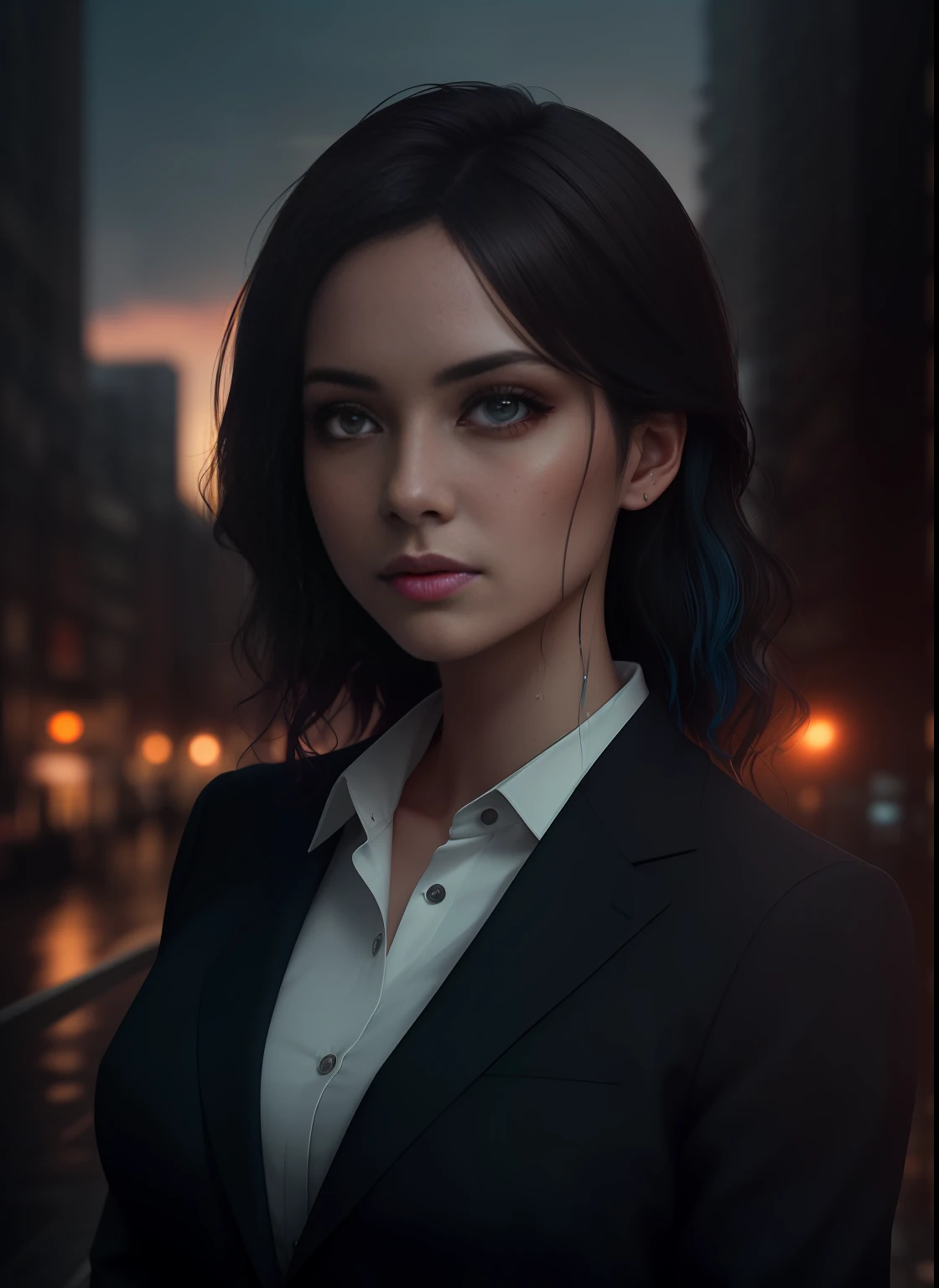 portrait photography, beautiful young executive woman in suit, soaked, eyes visible through hair, colored inner hair, proper eye position, natural skin, backlight, cinematic light, rim light, soft light, hips, at night, city side background, graduated detailed background of color, intricate, highly detailed, octane render, HD, 8k,