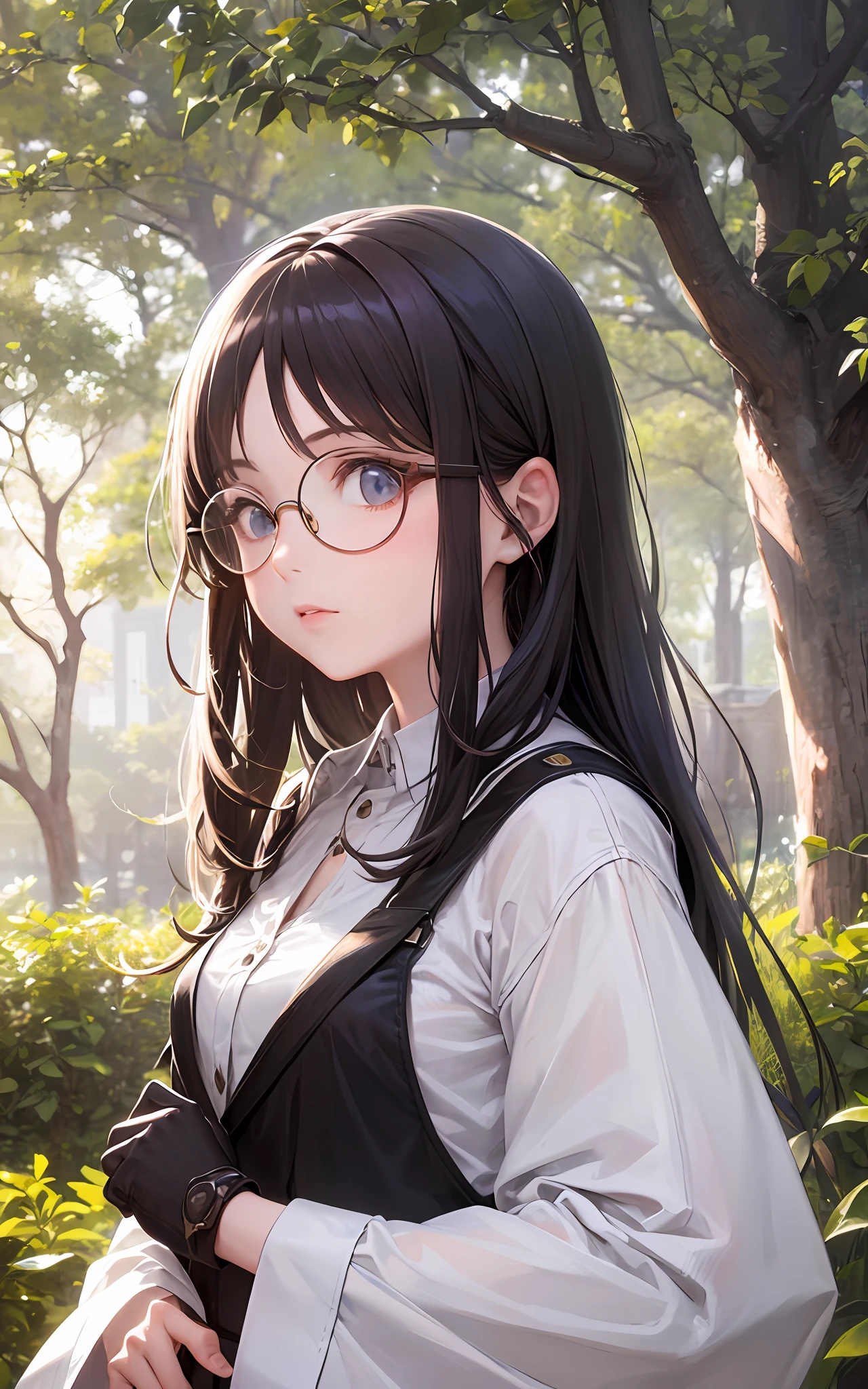 Top Quality, 8K, 4K, High Definition, Details Beautiful round glasses girl, dark-haired girl, light clothes, sunlight through the trees, hot and nod,