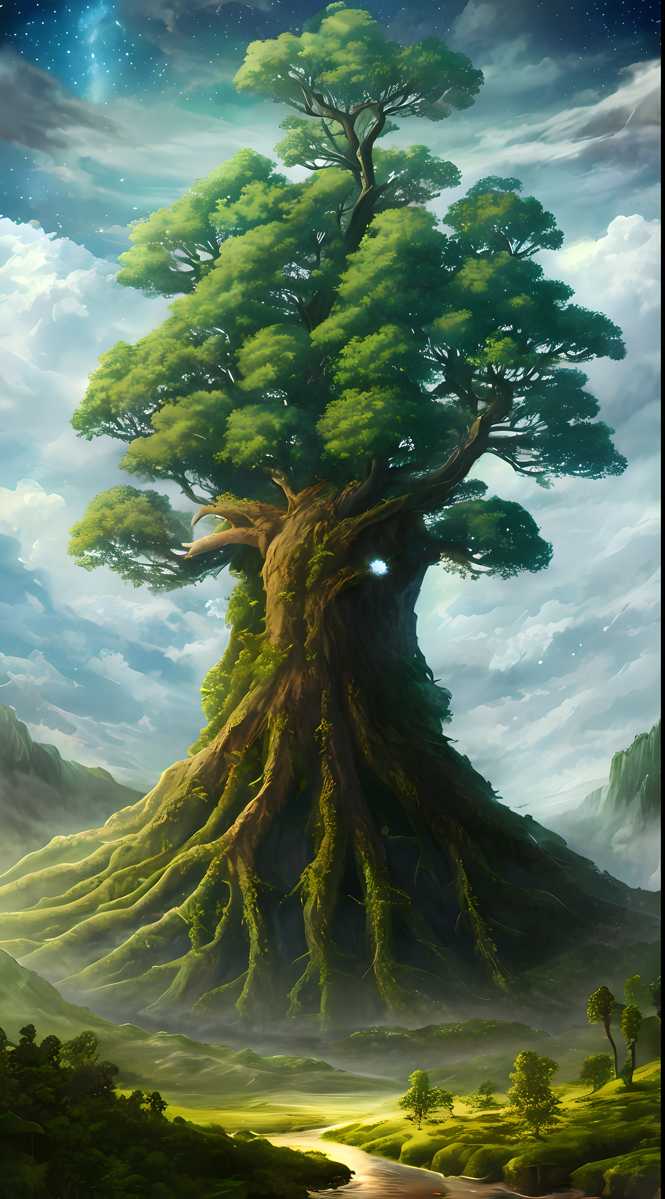 Illustration of a hyperrealistic , otherworldly, ultrasky scene featuring a giant crystal tree full body,very detailed and magical lighting, intricate forest details, vegetation and river around, solarpunk ,landscape, giant tree, beatifull leafy with beautiful lighting and realistic proportions, as if it were a cinematic background, 8k, highest quality, masterpiece, clouds and stars in the sky.