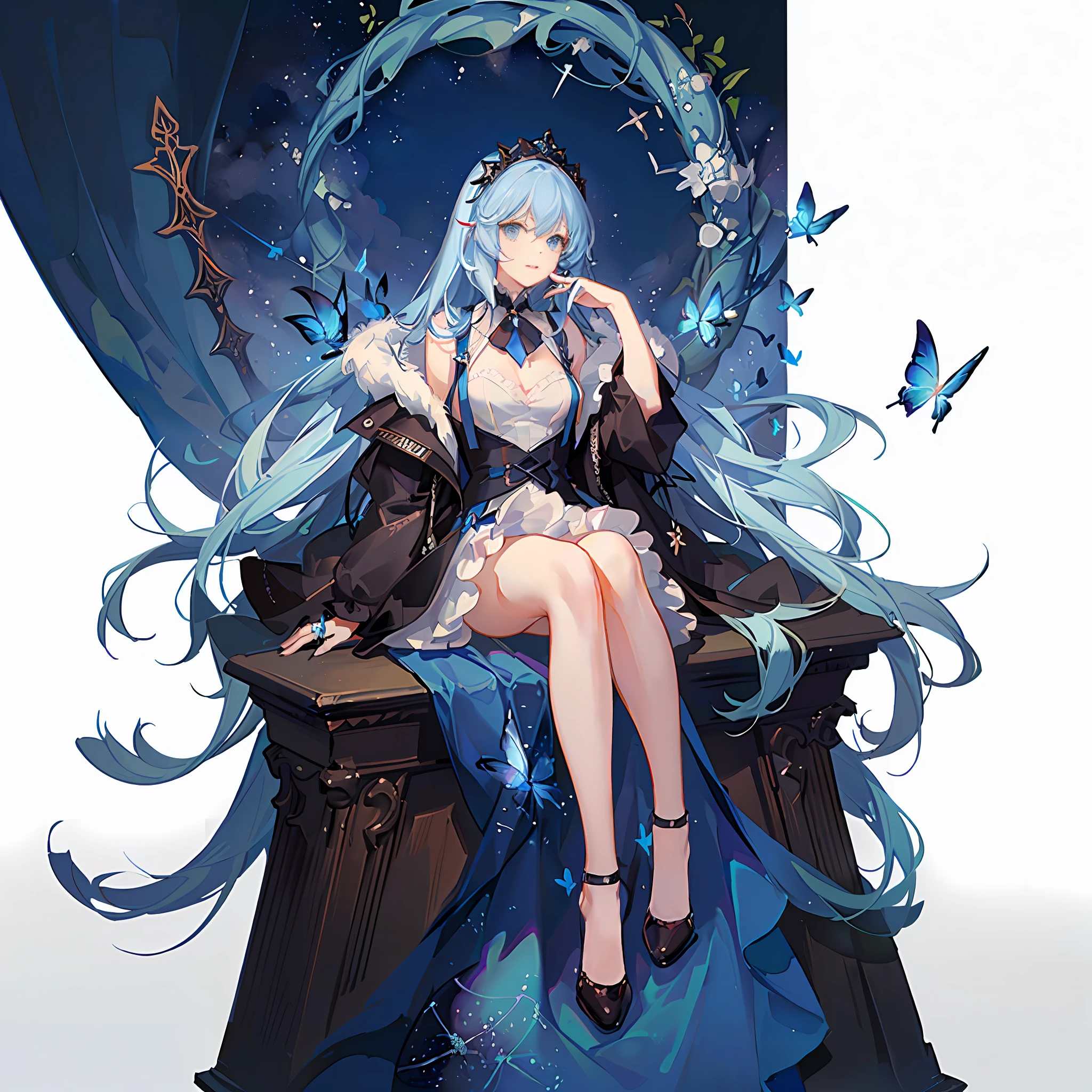(extremely detailed CG Unity 8k wallpaper, best quality, masterpiece), a woman with a sisterly feeling but a little mature, long sky blue hair, long hair and waist, loose hair, shawl black hair, inner layer dyed sky blue, blue eyes, single, sitting on a star, full of stars, left hand slightly raised, left ring finger with ring, dark blue oversized swing princess dress, wearing a white researcher's coat, hidden stars under the skirt, dark blue butterflies flying around, theater background, star curtain, Wearing a dark blue veil with stars, suspenders