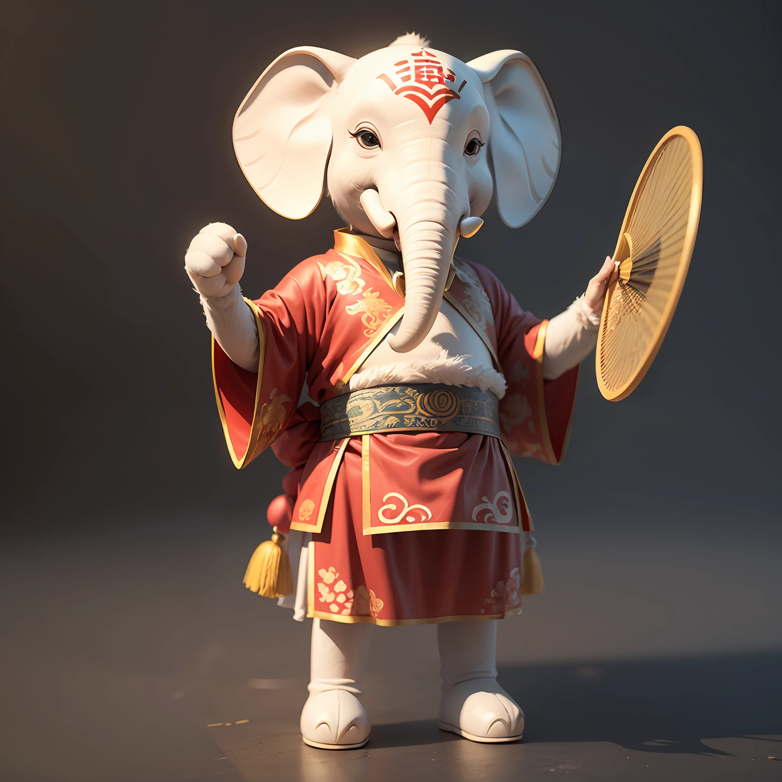 Cartoon elephant in Chinese costume holding a fan, anthropomorphic, 3D image, brand IP image, ancient costume, symbol of wisdom, ancient official costume, full body photo, standing, no background, white background, cute, smart, positive angle, cute smile, bright smile