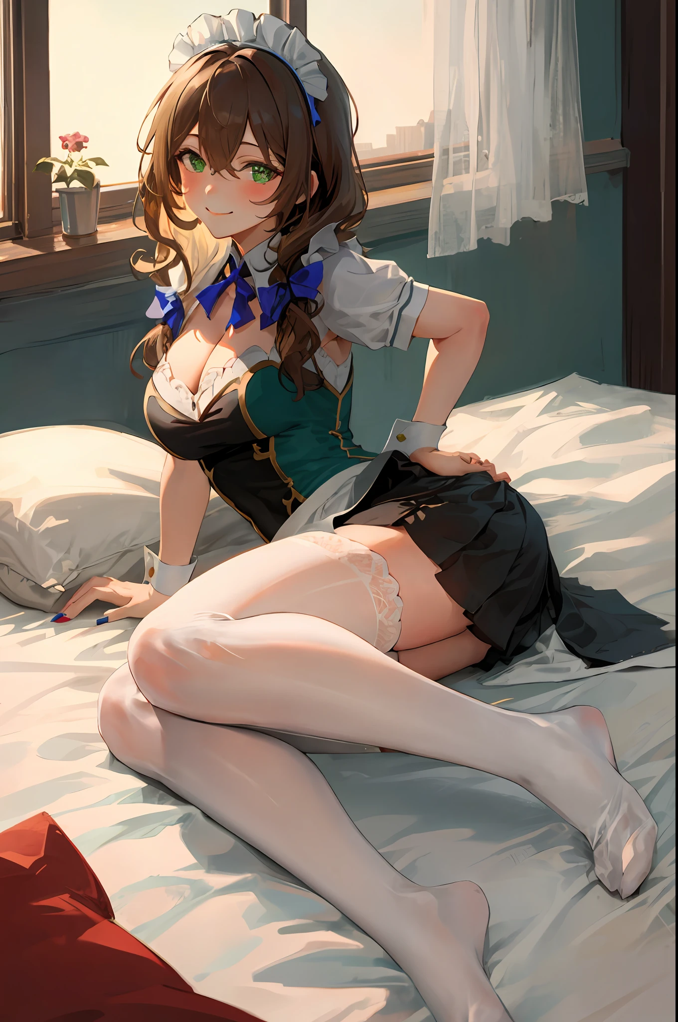 Lisa, genshin impact, 1girl, solo, breasts, cleavage, hair between eyes, messy hair, large breasts, long hair, looking at viewer, brown hair, red short nails, green eyes, solo, thighhighs, ((masterpiece)), maid dress, meidofuku, maid, skirt, stocking, ribbon, maid uniform, lying, lying on bed, bedroom, bed, pillow, window, night sky, blush, shy, smile, sexy pose, maid hair band,