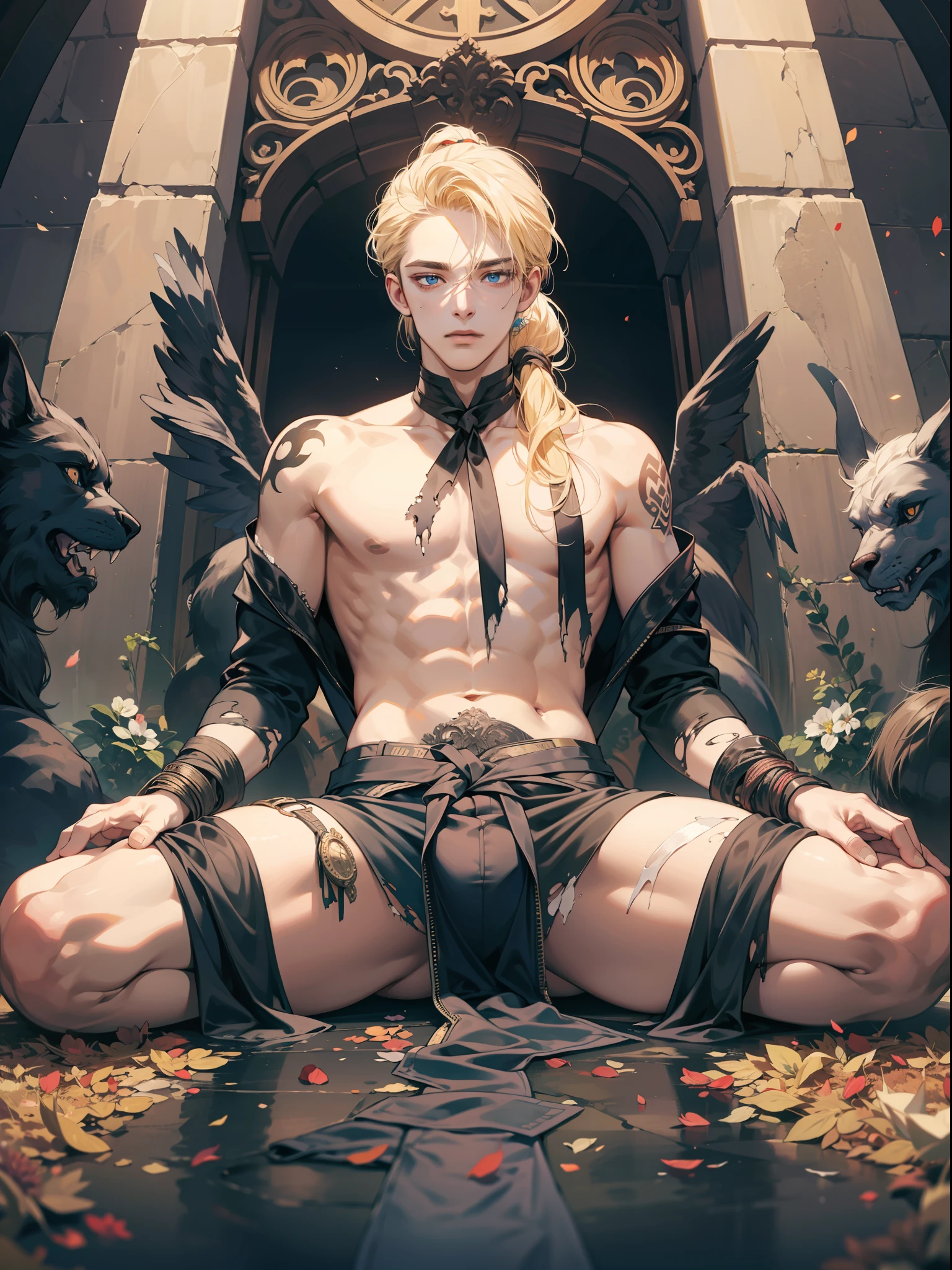 (masterpiece, absurdres, highres, ultra detailed), 1man, wavy blonde hair, blue eyes, ponytail, perfect face, male focus, femboy, flat chest, bulge, androgynous, detailed eyes and face, scared, torn clothes, (womb tattoo:1.1), (hands tied:1,3), ragged clothes, (tied:1.5), hands tied above his hand, laying on an altar, dark ritual, offering to the gods, cultists, mysterious shadows, shade, sensual, dark chapel, black mass, intricate details