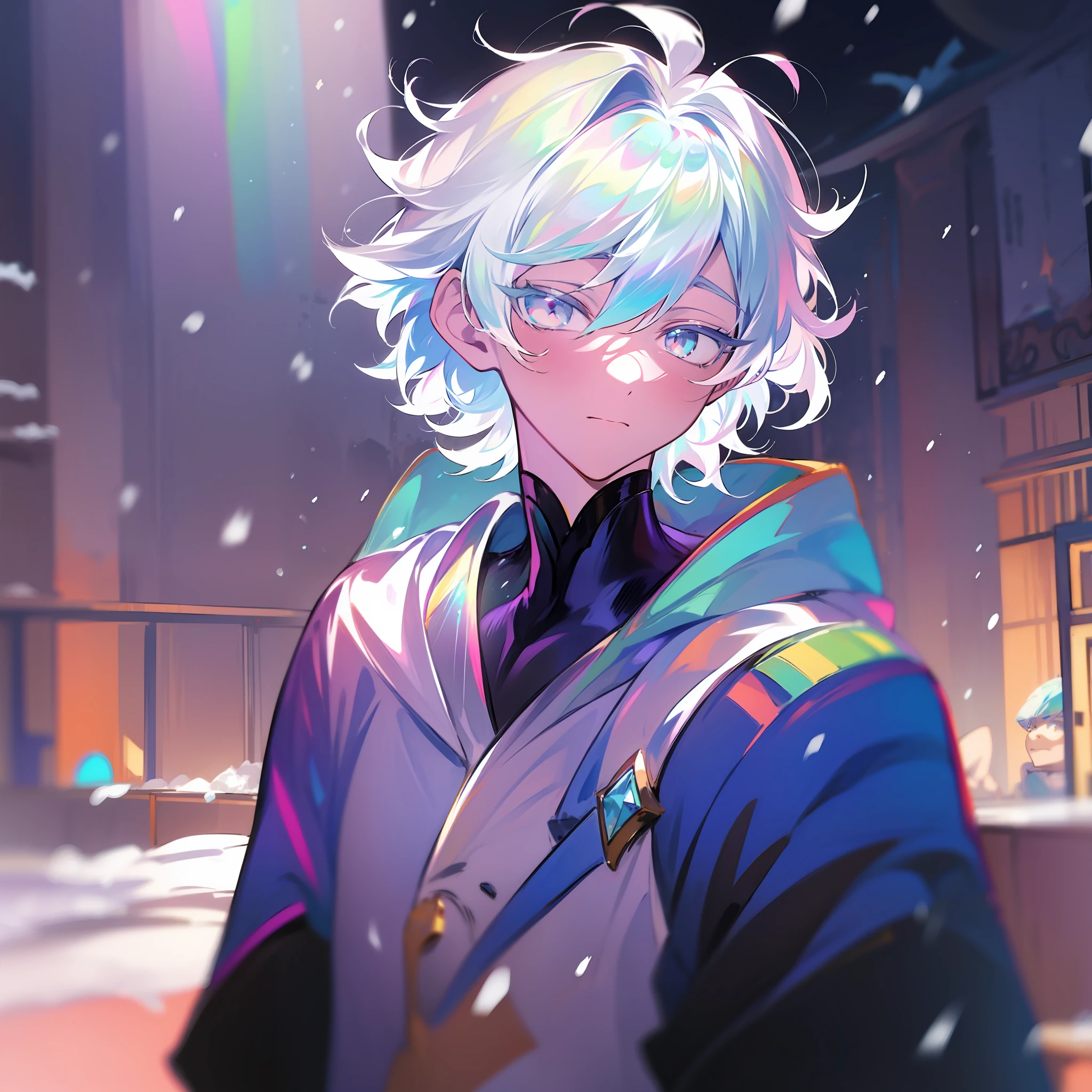 0.7>,anime boy,snow,(Male),jacket,diamond,multicolored hair, multicolored eyes