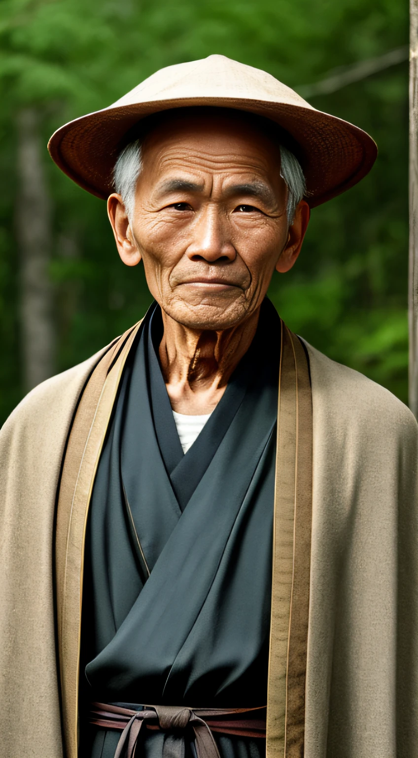 Portrait photography style, world masterpiece, super unique high professional digital art, film format, hyper-realism, color cinematography with ultra-fine details and quality, background is deep in the forest, an old man in rural China, an old man with wisdom. He wears an old cloak and his eyes are kind and shrewd. His skin has been blackened and powerful by the sun and rain, and the wrinkles are fixed on the corners of his mouth and forehead, making it seem that his years have precipitated. Although wearing a dark gown, although simple in appearance, it exudes sublime wisdom and a sense of tenacity of strength.