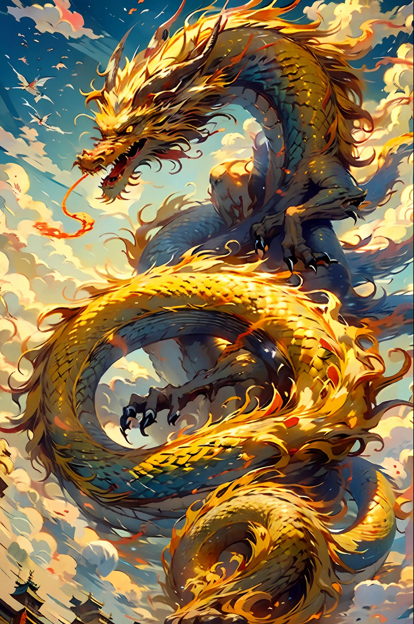 Q version, golden, best quality, masterpiece, super high resolution, no human, (length: 1.2), sky, yellow eyes, clouds, scales, oriental dragon, open mouth, sharp teeth, flying, horns, teeth, sky, claws, fangs, blue sky, spitting fire