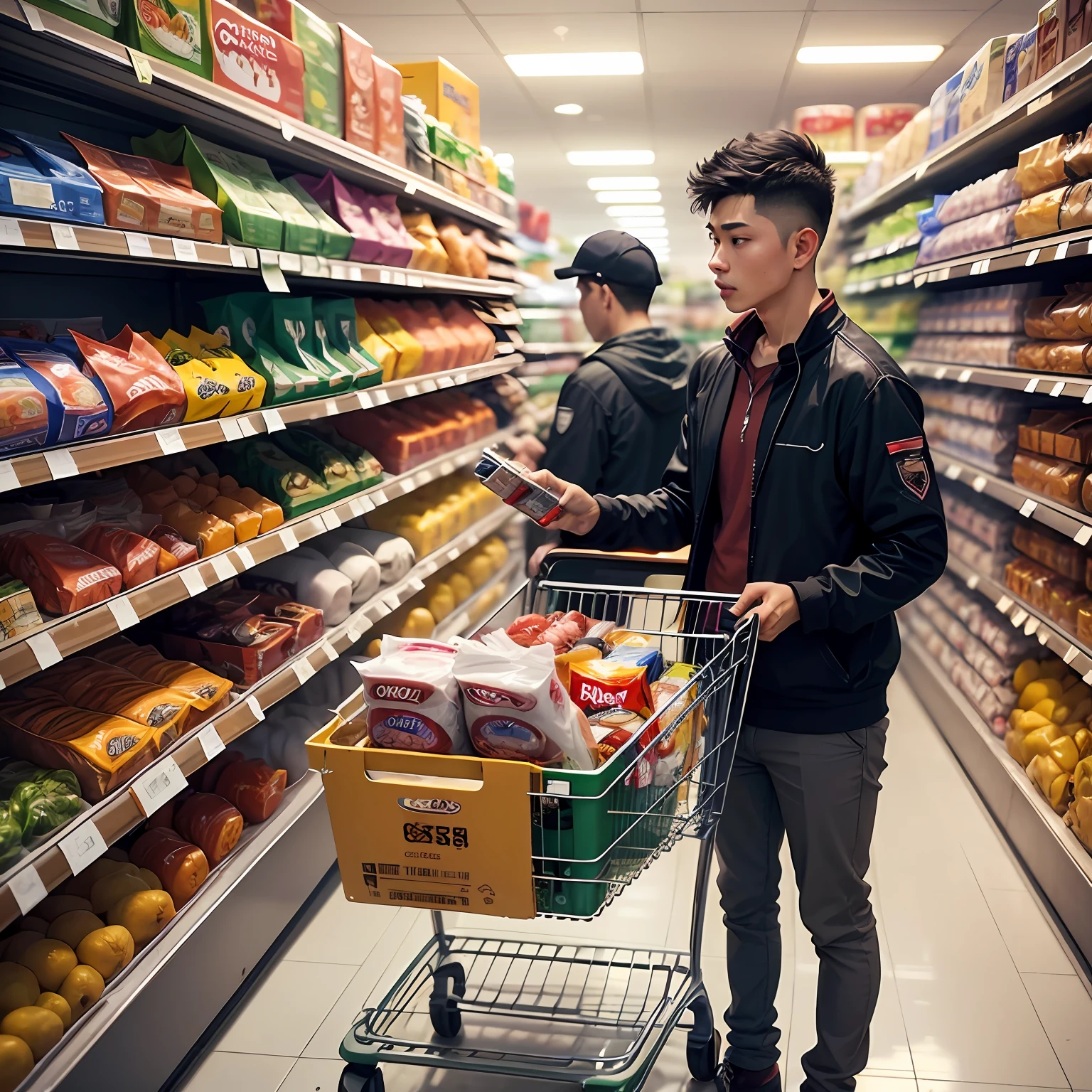 Inside the supermarket, young men reach for goods from the shelves, and next to them is a shopping cart with meat and instant noodles, milk, and snacks --auto