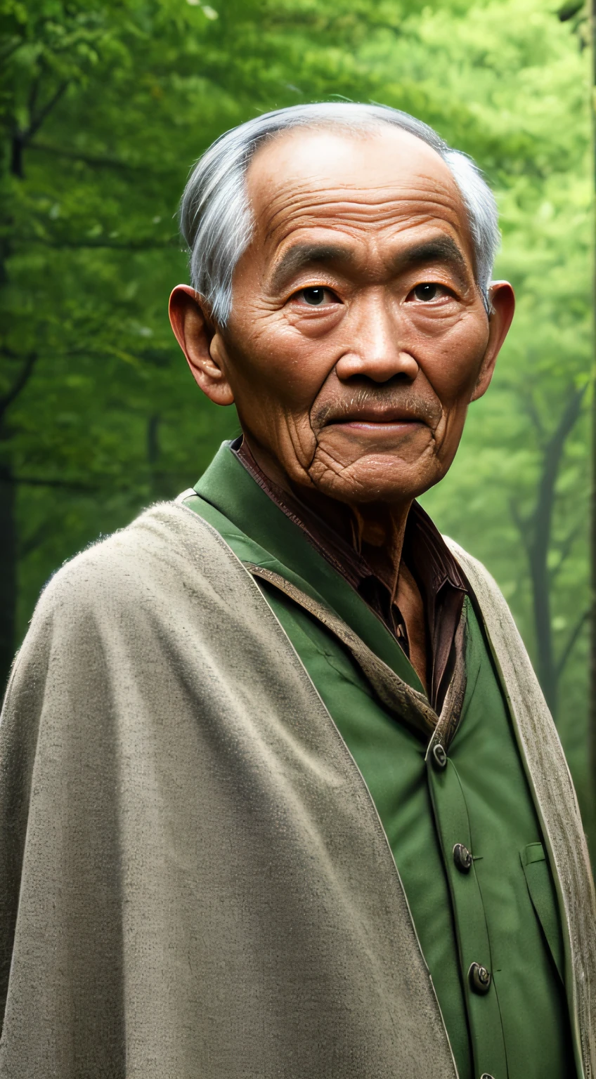 Portrait photography style, world masterpiece, super unique high professional digital art, film format, hyper-realism, color cinematography with ultra-fine details and quality, background is deep in the forest, an old man in rural China, an old man with wisdom. He wears an old cloak and his eyes are kind and shrewd. His skin has been blackened and powerful by the sun and rain, and the wrinkles are fixed on the corners of his mouth and forehead, making it seem that his years have precipitated. Although wearing a dark gown, although simple in appearance, it exudes sublime wisdom and a sense of tenacity of strength.