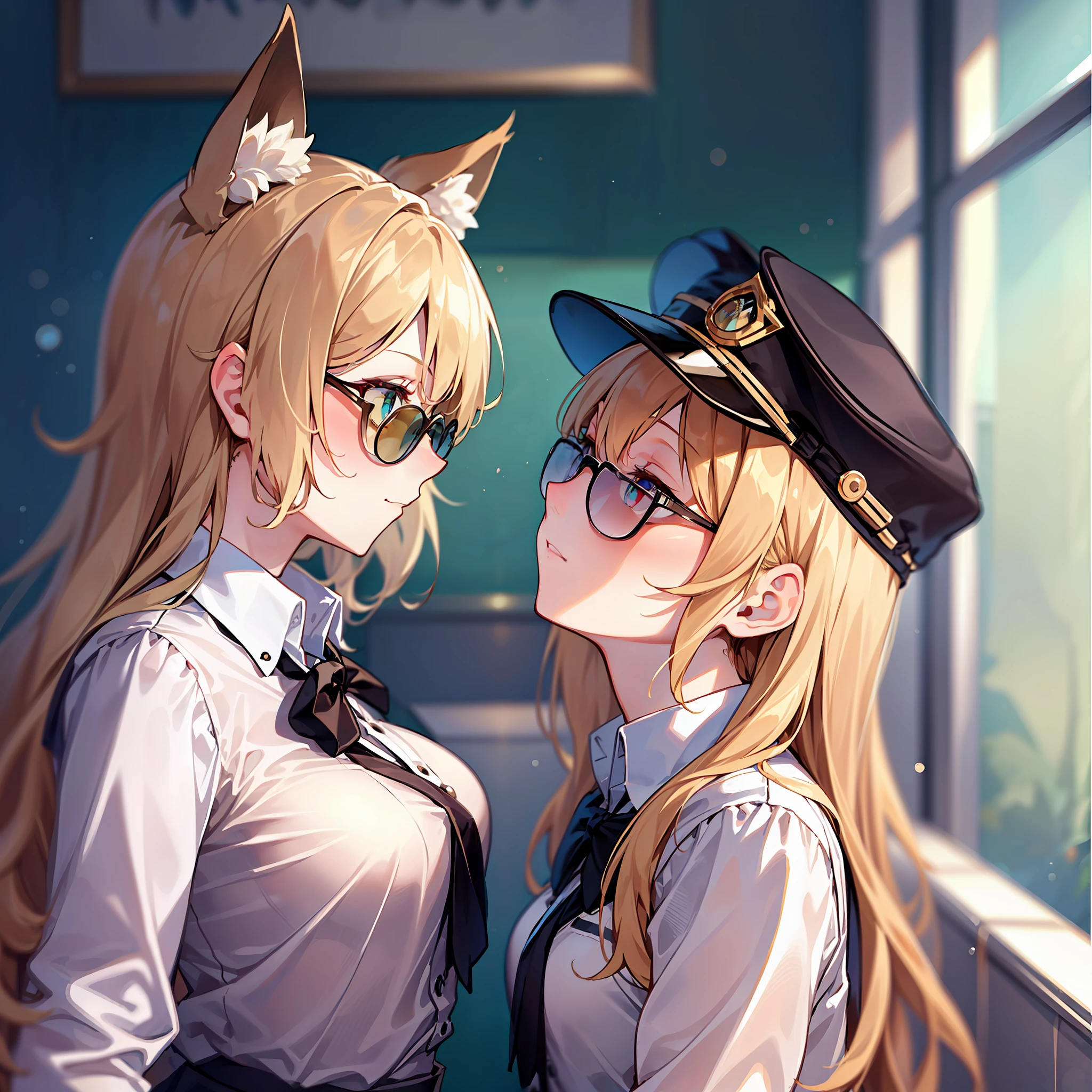 Two girls looked at each other and kissed, one wearing caps and sunglasses, the other blonde green pupil fox girl in a school uniform, with a delicate face and a shy expression, and the background was a room, with a globe back