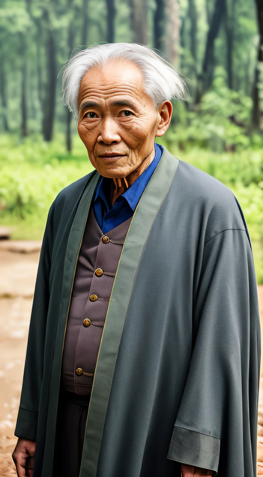 Portrait photography style, world masterpiece, super unique high professional digital art, film format, hyper-realism, color cinematography with ultra-fine details and quality, background is deep in the forest, an old man in rural China, an old man with wisdom. He wears an old cloak and his eyes are kind and shrewd. His skin has been blackened and powerful by the sun and rain, and the wrinkles are fixed on the corners of his mouth and forehead, making it seem that his years have precipitated. Although wearing a dark gown, although simple in appearance, it exudes sublime wisdom and a sense of tenacity of strength.