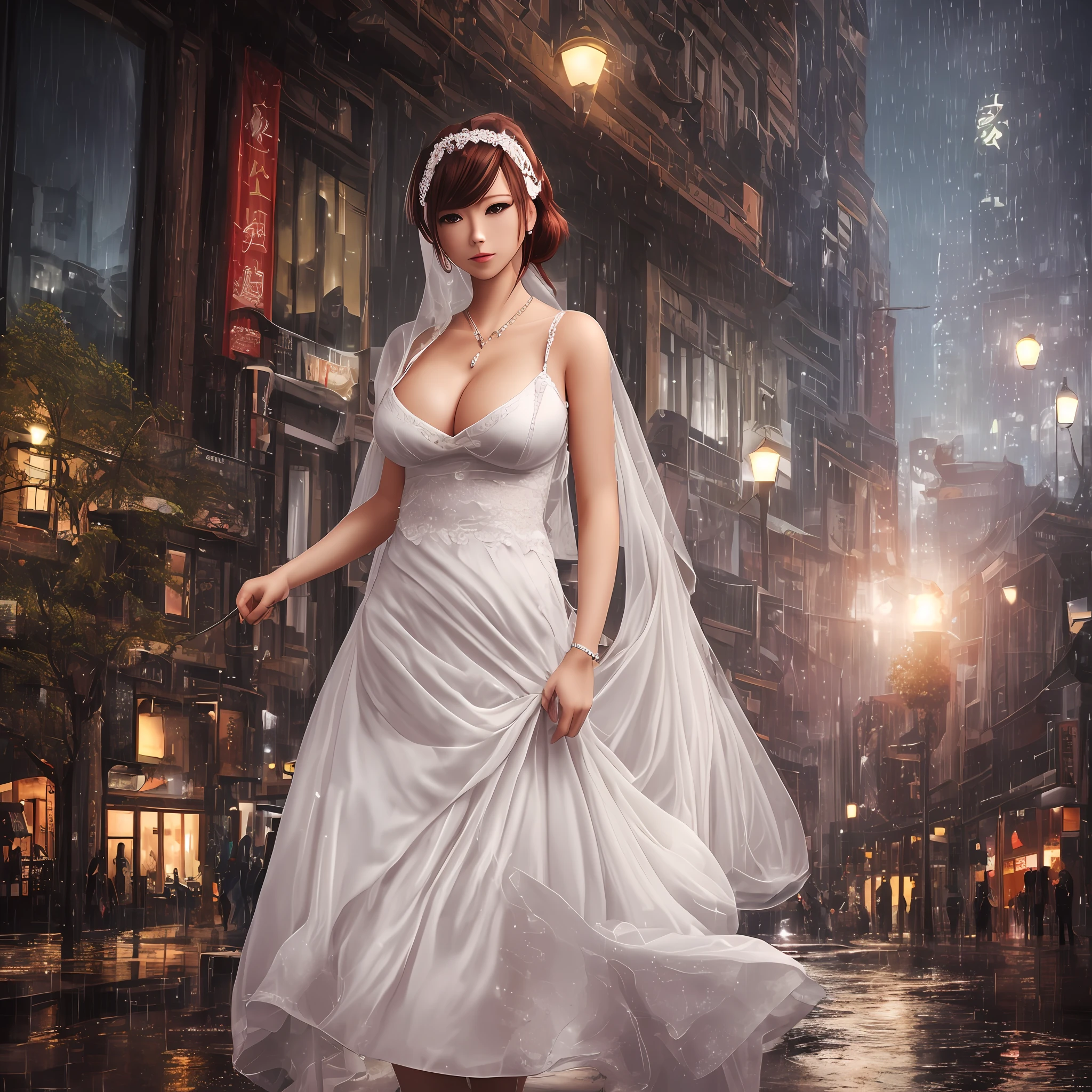 (8k, RAW photo, best quality, mastery:1.2), (realistic, photo-realistic:1.37),1girl,cityscape, night, rain, wet, professional lighting, photon mapping, radiosity, Chinese Doll,torn,chemise, large Image breasts, nurses, wedding dresses --auto