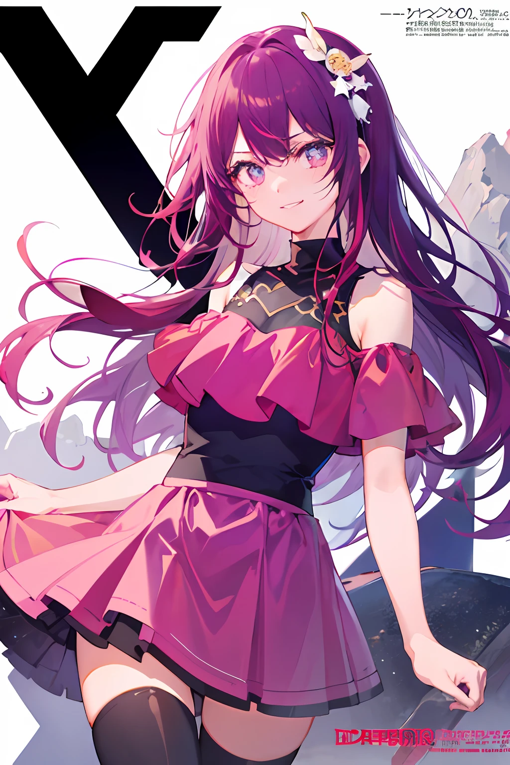 With a girl as the central character, she is in the center of the poster, Hoshino ai, beautiful petite girl, liquid hair, pink hair, summer lightness, exposed shoulders, seduction, grin, fashion, girly style, young anime girl, anime girl, perfect purple girl, seductive anime girl, cute anime girl, cute girl (fashion magazine cover:1.3), pink high waist skirt, pink skirt, Black Stockings, Delicate Accessories, Surreal Girl, Anime Girl, Realistic Girl, (A Lazy Girl, Looking at the Audience, Faint Smile: 1.3), Hair Accessories, (Stars in the Eyes), Front, Fantasy, Mid and Long End End, (Colorful) (Best Quality: 1.2), Master Works, (High Accuracy: 1.1), 8K Resolution, (Detailed), Delicate, White Background, , Noise Reduction, Complex Details, Ultra Detailed, Very Detailed, Complex, Small details, CG, freshness, official art