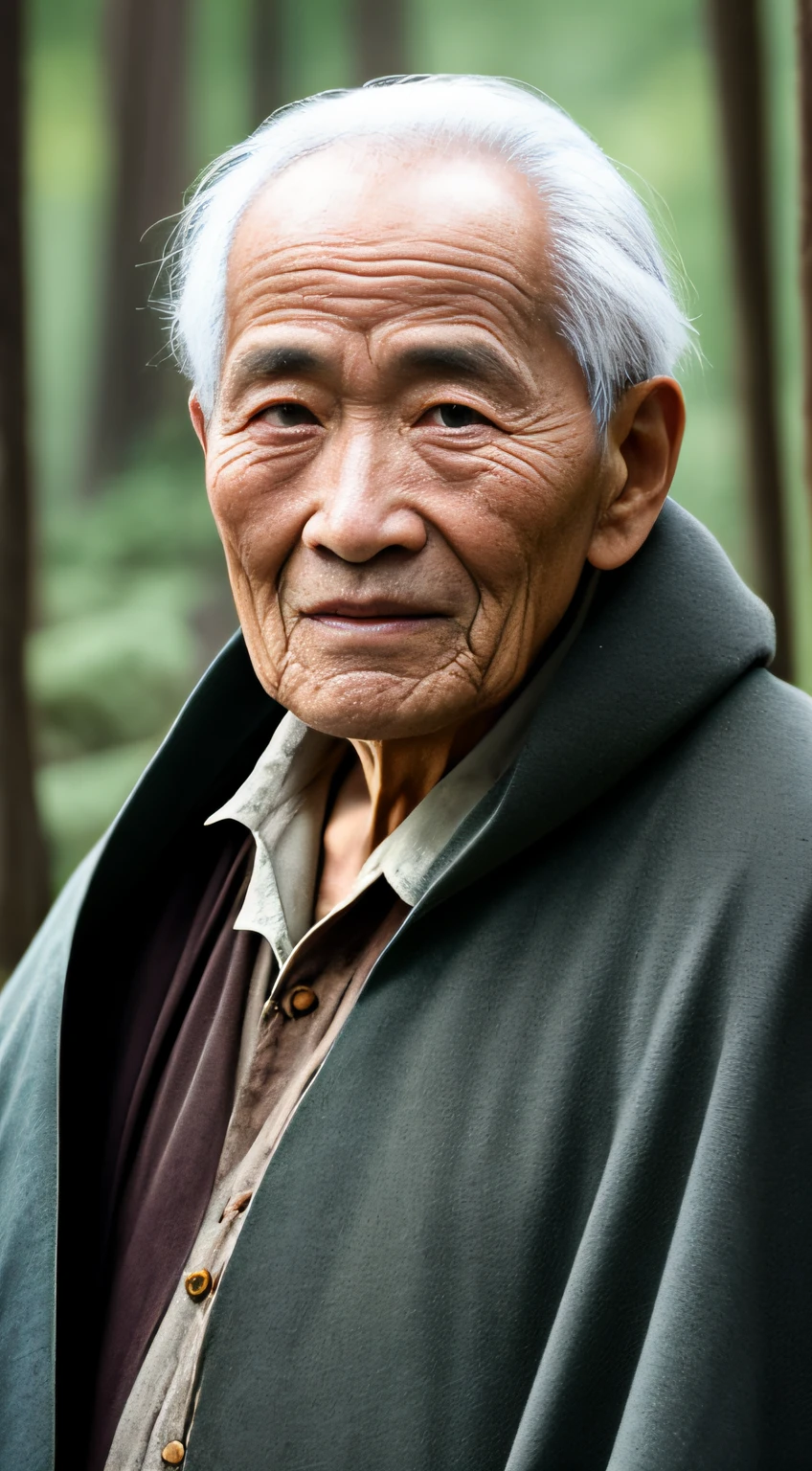 Portrait photography style, world masterpiece, super unique high professional digital art, film format, hyper-realism, color cinematography with ultra-fine details and quality, background is deep in the forest, an old man in rural China, an old man with wisdom. He wears an old cloak and his eyes are kind and shrewd. His skin has been blackened and powerful by the sun and rain, and the wrinkles are fixed on the corners of his mouth and forehead, making it seem that his years have precipitated. Although wearing a dark gown, although simple in appearance, it exudes sublime wisdom and a sense of tenacity of strength.