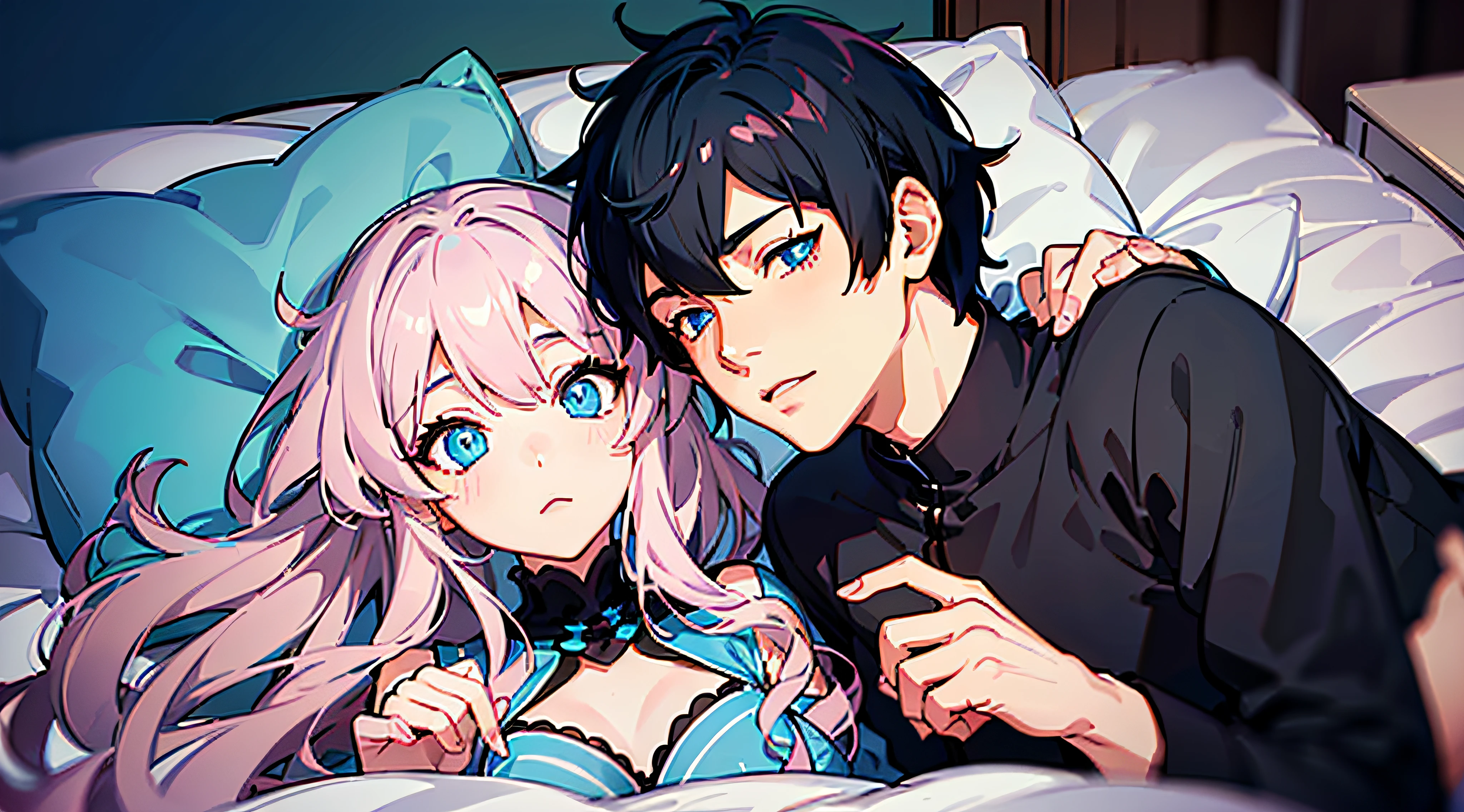 (woman with pink hair, sparkling light blue eyes)+(man with black hair and shimmering dark blue eyes)+(anime style Ilya Kuvshinov:1.2)+(couple lying in bed sleeping leaning their heads against each other)+(high quality full body image)
