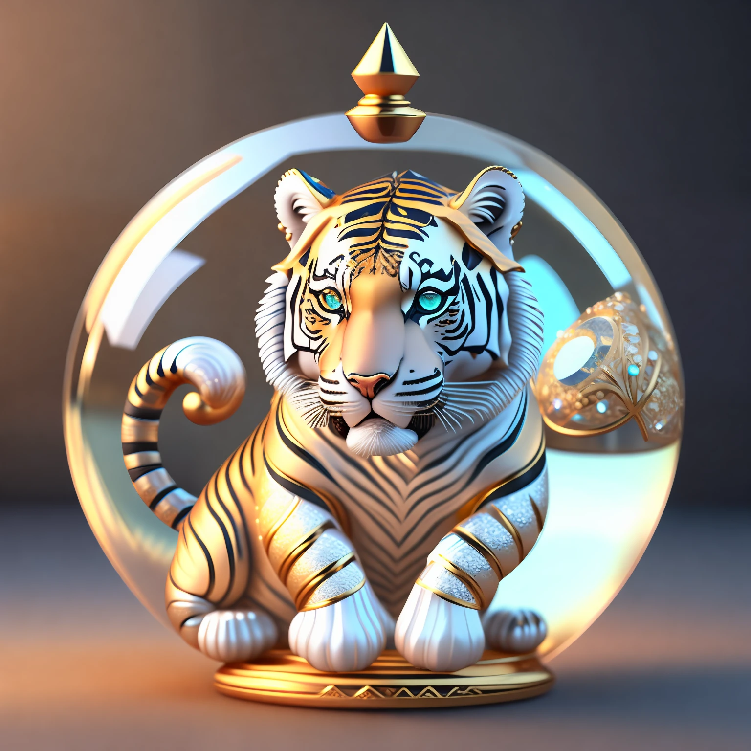 A cute crystal ball zodiac tiger embellished with various jewelry ornaments and low-poly eyes are a highly detailed and complex concept art craft using Artstation 8k quality.