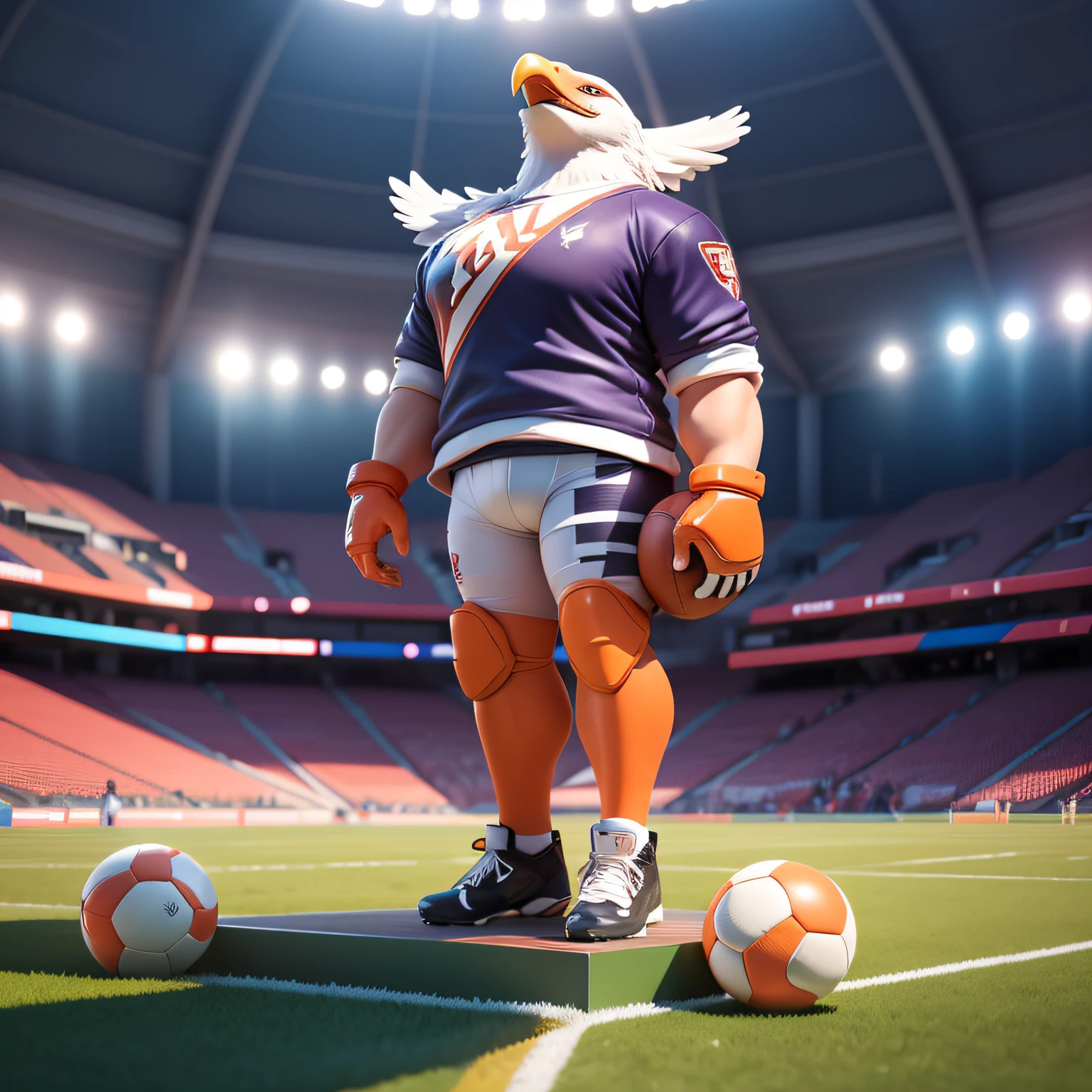 Cartoon image of a Bird, Mascot-shaped Eagle, Male standing, in front, to an arafed view of a football stadium with a green field and a blue sky, football stadium, stadium landscape, stunning atmosphere, stadium, screensaver, instagram image, beautiful atmosphere, dramatic stadium lighting, Bleachers in PURPLE color, and orange, stunning epic atmosphere, artistic rendering, stadium scenery, bright and happy atmosphere, random background scene, game background, futuristic sports arena, arena background, standing in a stadium, with a European football under the foot, with a purple colored shirt written: Independent, foot with cleats, ball under foot, MW SPORTS, written in the arena ads, a closeup of a black background with a white and orange logo, open metal maw, sports logo, maw art, sport, w 4 0 k, header with logo, esports, esports logo, waw, mscow, masterpiece, open synthetic maw, game logo, mma, very wow, logo, logo, central view, bw, mawshot --auto