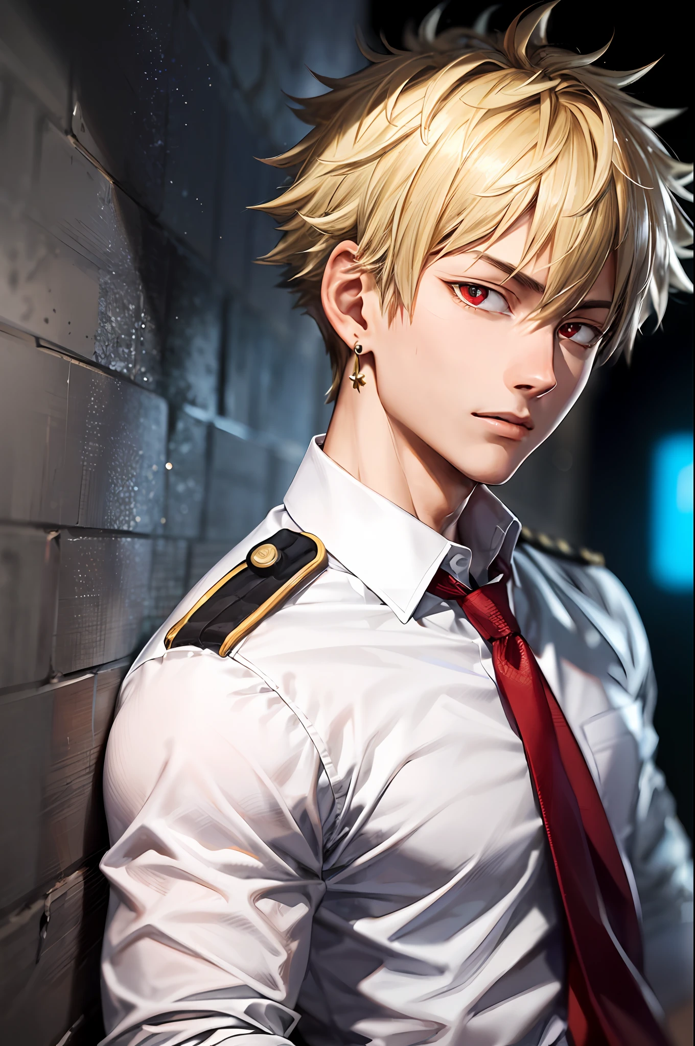 ((masterpiece, top quality, super definition, high definition)), one young man, Katsuki Bakugo, My Hero Academia, Blonde short hair, shining eyes, perfect red eyes, 25 years old, white shirt, red tie fastened with both hands, beautiful skin, earrings,