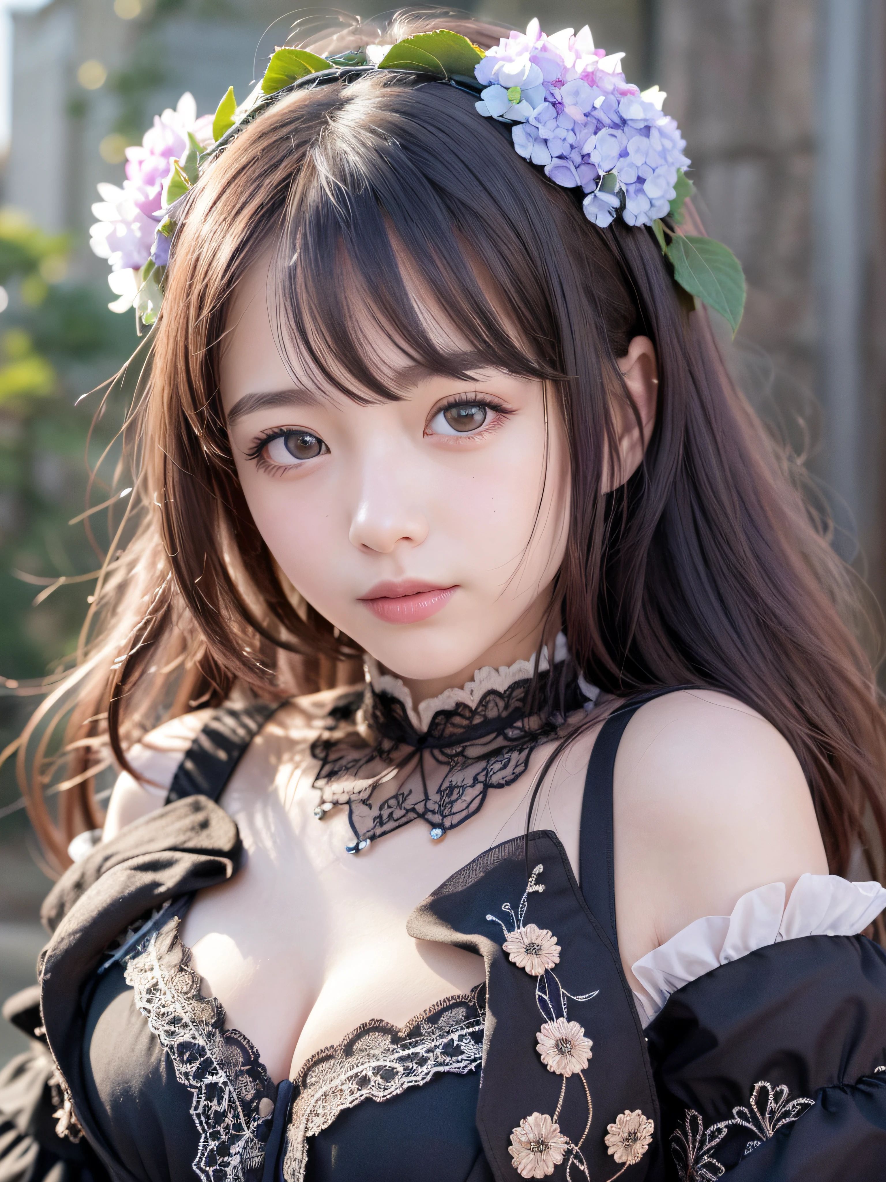 (realistic, photo-realistic:1.37), incredibly absurdres, (insanely detailed:1.3), 8k, (masterpiece), (best quality:1.4), (ultra high res:1.2), (RAW photo:1.2), ultra detailed background, (unity 8k wallpaper), 1 nogizaka girl, utterly cute, bishojo, , (gothic lolihion), an exquisitely detailed and beautiful face and eyes and skin, detailed black shine hair, small-medium breasts, c, open chgant frills, frilled tie, ribbon tie, hydrangea hair accessory, a dress with delicate lace, soft fabric, and a beautiful hydrangea pattern, smile at the camera, cowboy shot, castles scenery in europe, professional lighting