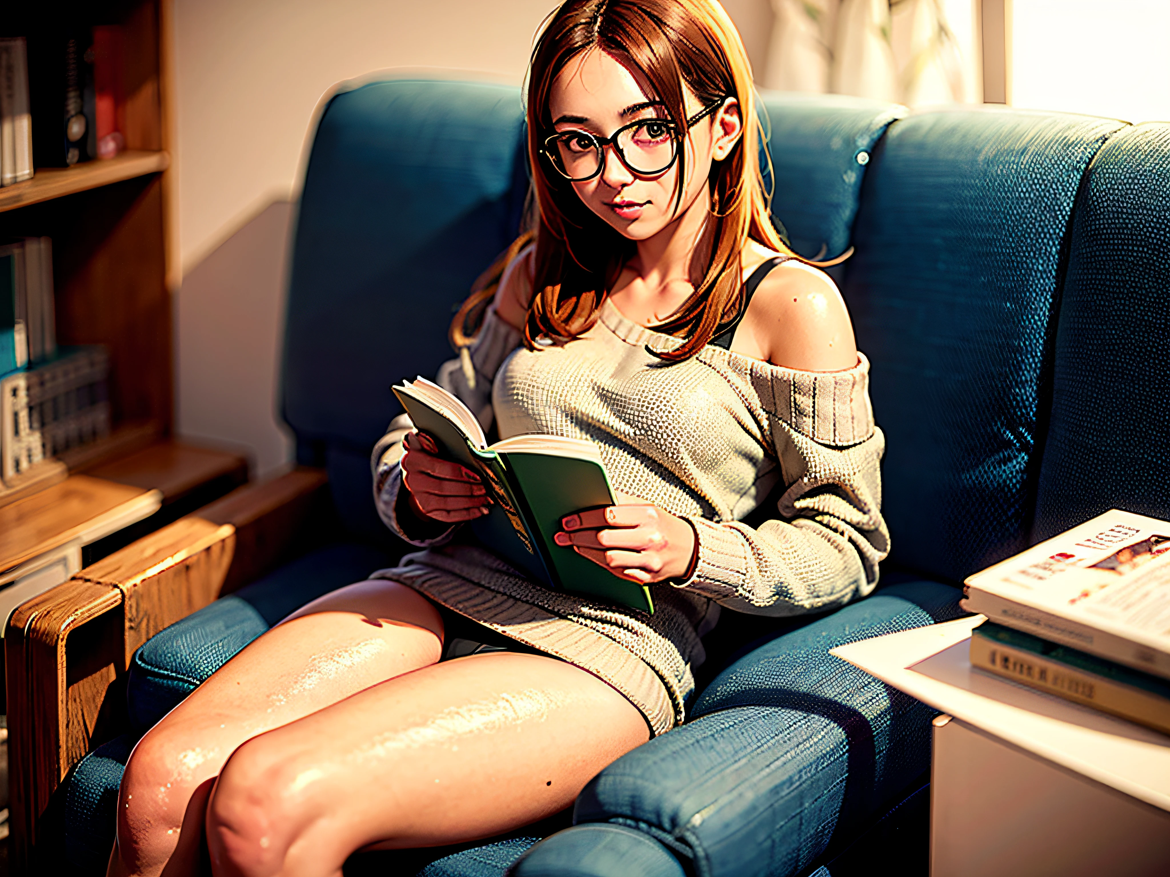 1girl, solo, reading a book, cute, laying on a couch, wearing a sweater, underwear, redhead, wearing glasses, freckles, young girl, 20 years old, rendered, semi-realistic, safe for work, thick