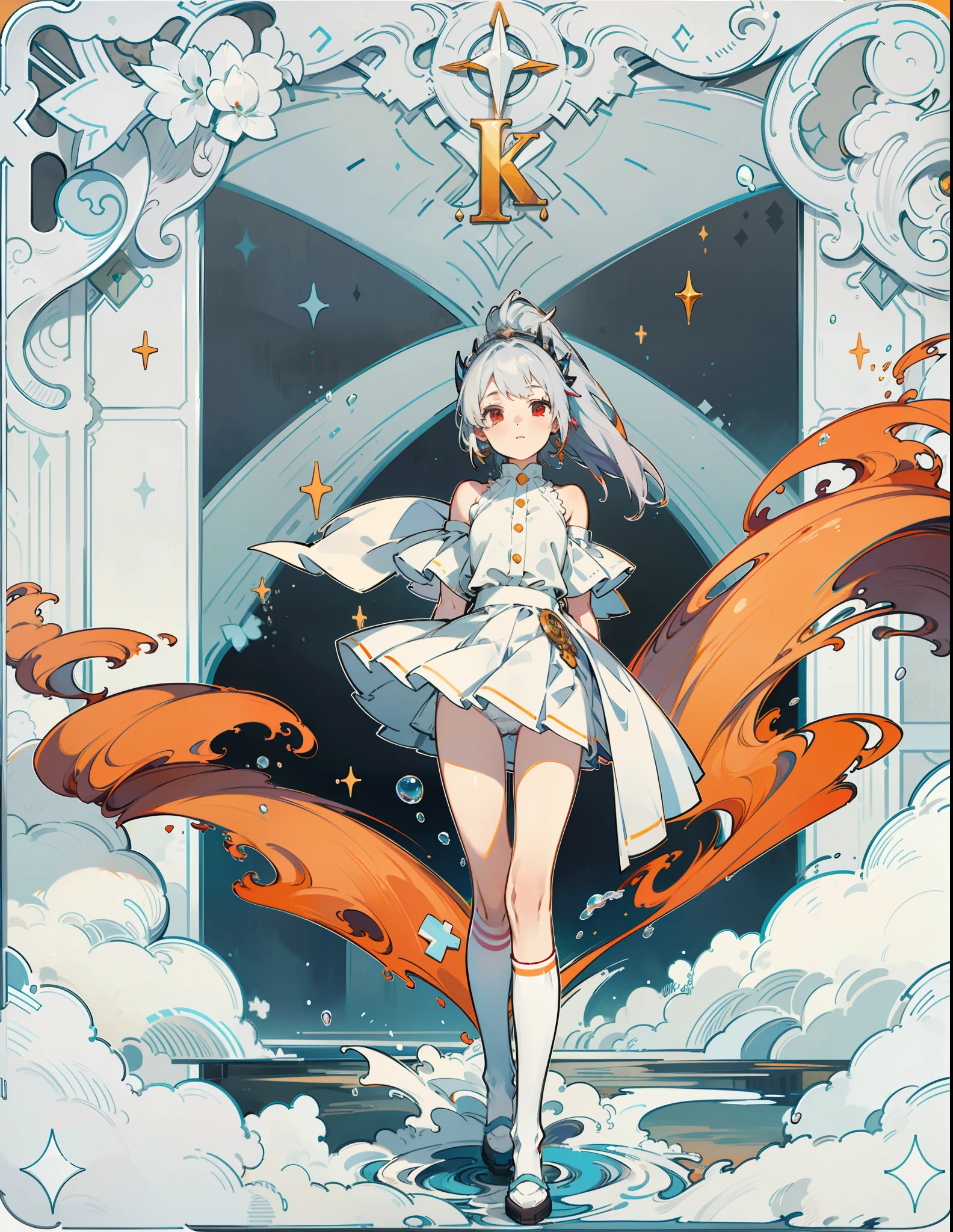 (1 girl: 1.3), solo
official art, Unity 8k,wallpaper, super detailed, beauty and aesthetics, beauty, masterpiece, best quality, fantastic atmosphere, calm color palette, peaceful mood, soft shadows, inlay of projection, (highest quality), (depth of field), (full body), charming, rich details, ((silver hair)), quadratic, long ponytail, light red eyes, red hair accessories, white shirt, sleeveless, off-the-shoulder, (crop button), miniskirt, pleated skirt, (white panties), white stockings, White transparent shawl, (hands behind back), water flow, splash, mountains