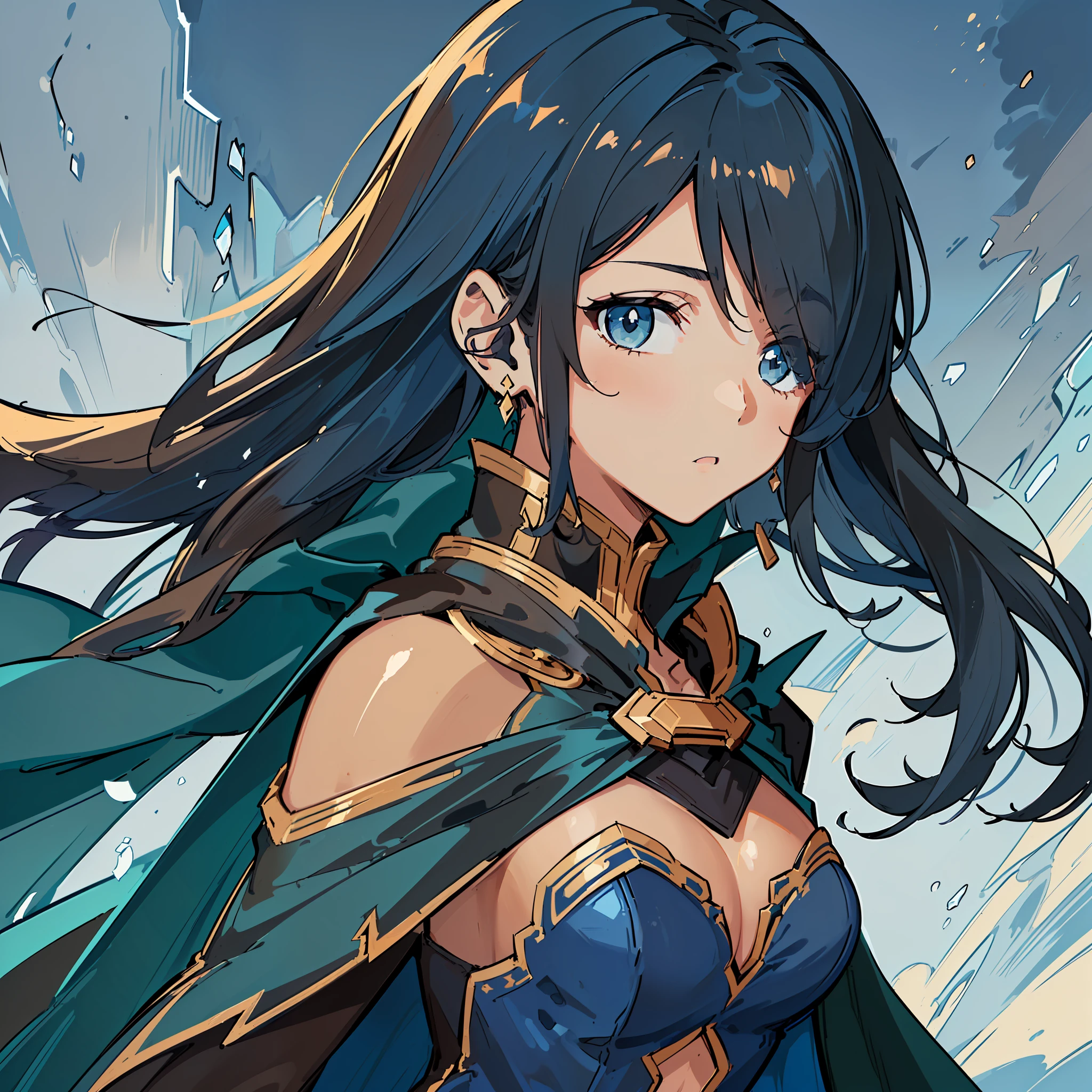 ((((Serene Expression)), (((Flattened Chest))) Adolescent, Female, (((Brown Skin)))), (((Long Dark Blue Hair with Unilateral Fringe Covering One Eye))))), Light Blue Eyes, ((((((Black Battle Technical Costume Covered by a Dark Blue Cape)))))), Clothes Are Mostly Black in Color, but with Blue and White Parts