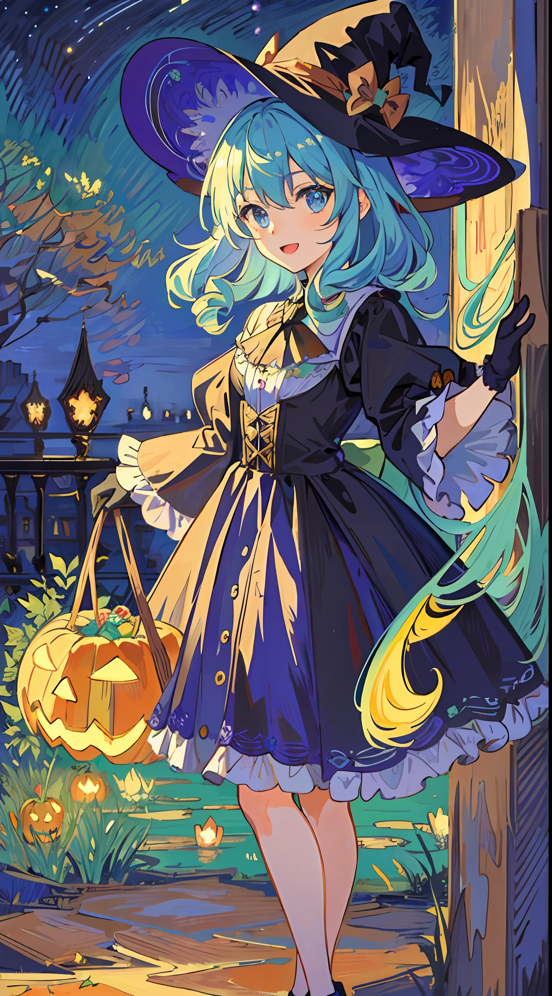 ((masterpiece:1.2, best quality)), 1girl, solo, (witch hat), a close up of a girl with curly hair, dress, aurora, night, star (sky), gloves, sky, dress, night sky, open mouth, starry sky, light blue eyes, ribbons, smile, cape, colorful hair, magic, casting spell, night, (impressionism:1.4), alphonse mucha, Halloween colors, colorful candy, magical lights, pumpkins, candies