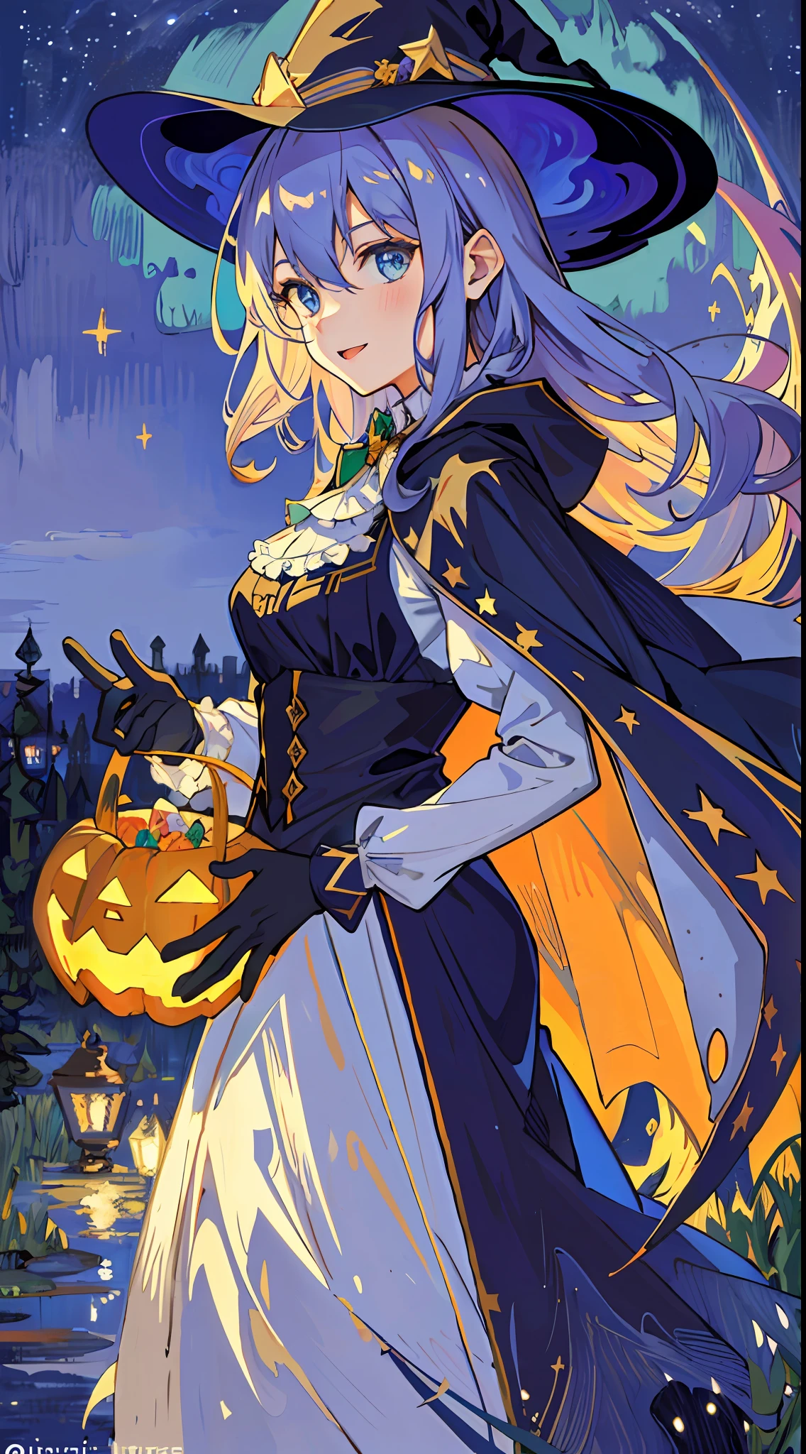 ((masterpiece:1.2, best quality)), 1girl, solo, (witch hat), a close up of a girl with curly hair, dress, aurora, night, star (sky), gloves, sky, dress, night sky, open mouth, starry sky, light blue eyes, ribbons, smile, cape, colorful hair, magic, casting spell, night, (impressionism:1.4), alphonse mucha, Halloween colors, colorful candy, magical lights, pumpkins, candies