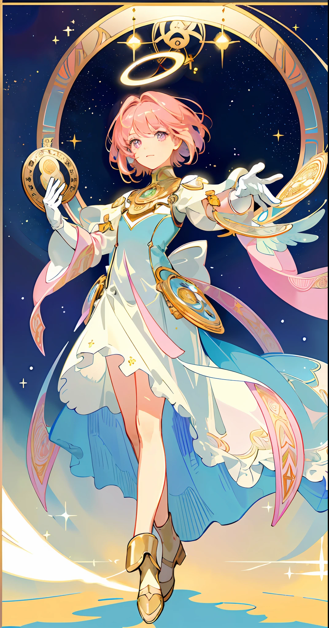 ((masterpiece,best quality)),(1girl, solo:1.4),beautiful detailed eyes, vivid, cinematic light, full_body, pink_flowers, (tarot_card), intricate, detailed background, looking_at_viewer, Cardcaptor sakura, hands reaching out, (flat chest), (walking), casual pose, posing, (white_gloves), (pink_eyes), white feathers, sparkles, glitter, celestial, outerspace, by alphonse mucha, (gold frame), halo, (tarot border)