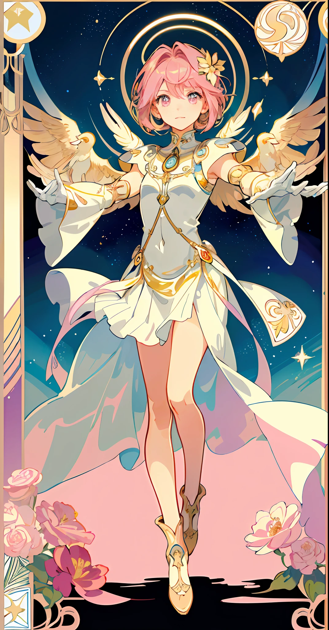 ((masterpiece,best quality)),(1girl, solo:1.4),beautiful detailed eyes, vivid, cinematic light, full_body, pink_flowers, (tarot_card), intricate, detailed background, looking_at_viewer, Cardcaptor sakura, hands reaching out, (flat chest), (walking), casual pose, posing, (white_gloves), (pink_eyes), white feathers, sparkles, glitter, celestial, outerspace, by alphonse mucha, (gold frame), halo, (tarot border)