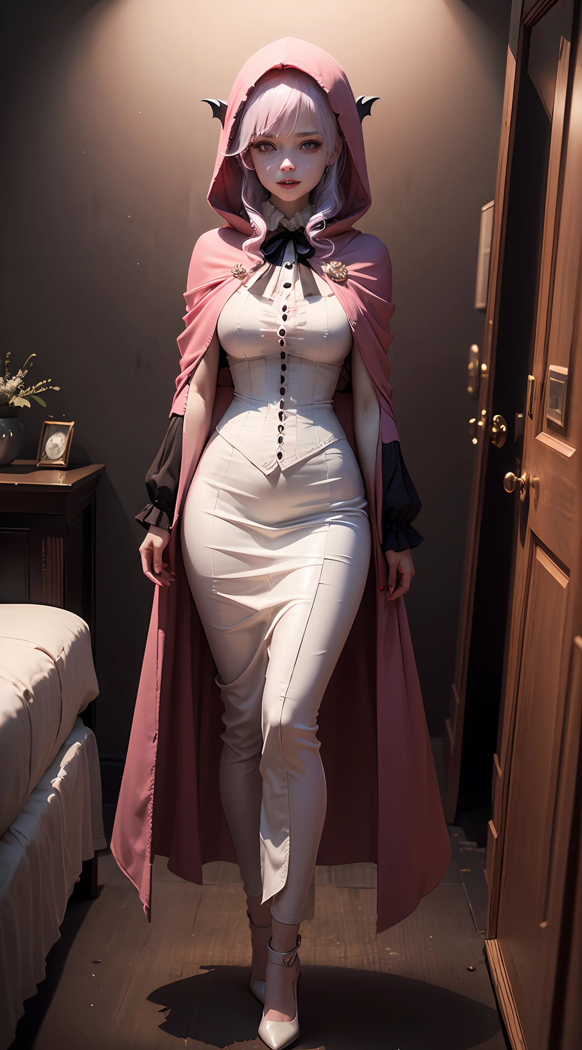 pink color, pink theme, cute pastel colors, ((color palette: white, soft pink, babyblue, lilac)), Fullbody portrait of a captivating white-haired albino vampire girl with glowing red eyes and big fangs on her smile. She is adorned in a pink colored victorian capes with a hood and lace, standing in a pretty and sparkly pastel castle mansion surrounded by cute (pink pillows) and (black furniture). Her lips are painted red and there is a hint of blood and mystery in the air. The view is from the bottom, with dramatic lighting emphasizing the dark and mysterious atmosphere, but with a cute and adorable undertone, creepy cute, dust particles, cinematic, poster, hd, 8k wallpaper, intricate, ultra-detailed, best shading, dynamic, crazy, full body, dutch angle, beautiful details. --auto