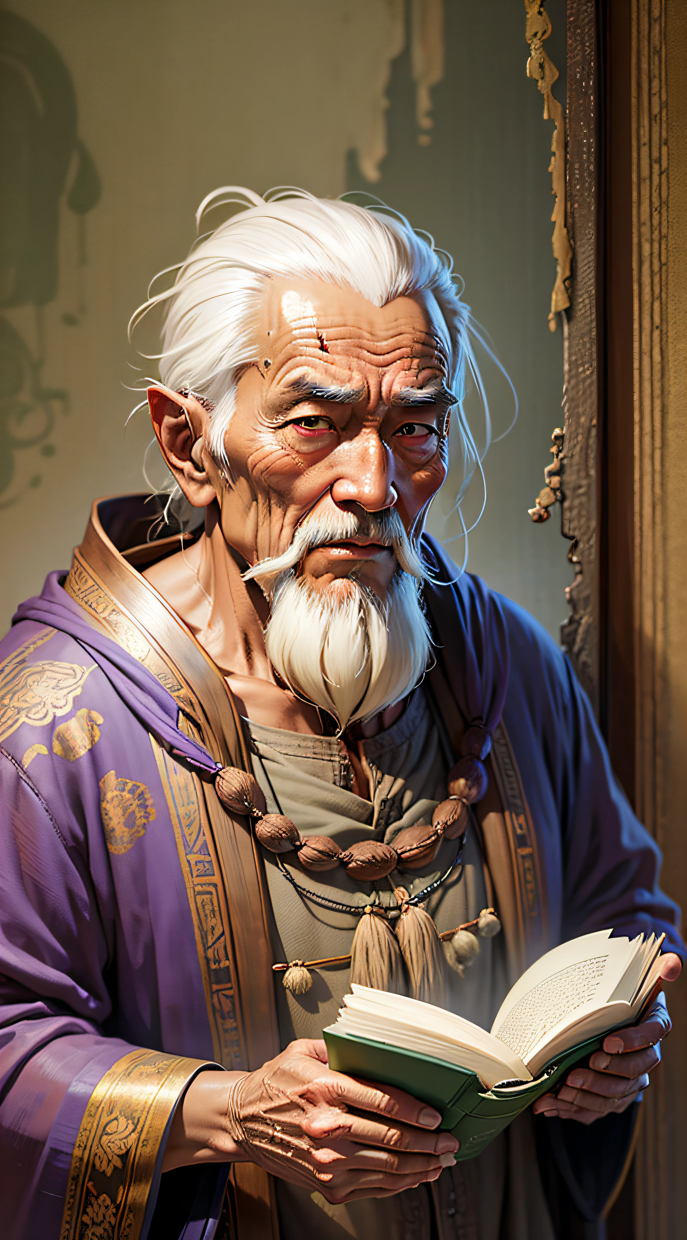 Oriental old man, vicissitudes, bronzed skin, sage, wise old man, real, robed, holding a book, looking straight ahead, front --auto --s2