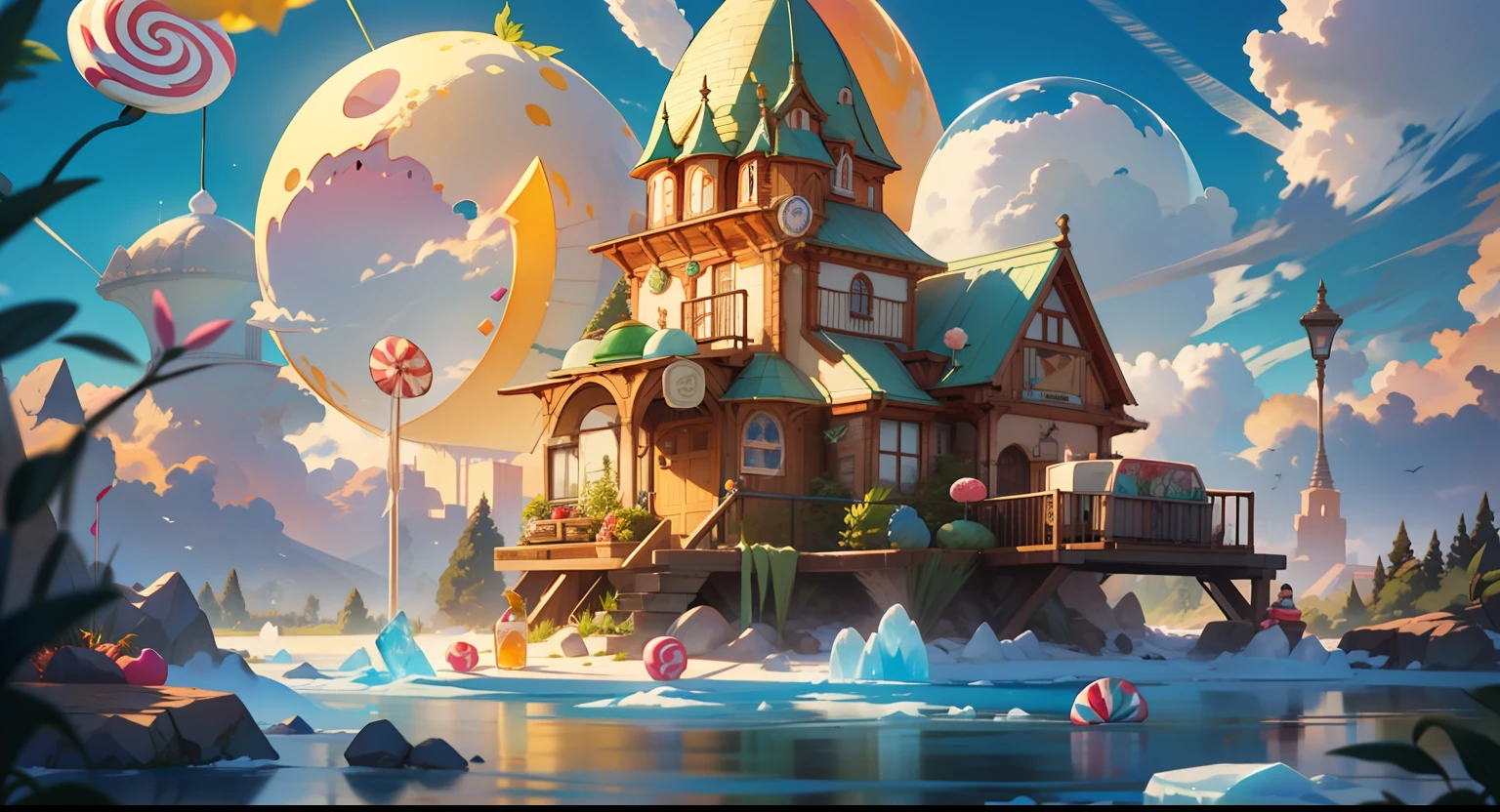 Cartoon style game scene, dusk white clouds, sky, childlike happy atmosphere, the whole picture is bright yellow as the main color, colorful colors, (ice cream), ((candy)), (fruit), close-up ice cream river, cartoon cute ice cream, card ventilator, candy world, lemon pinwheel, fairy tale world, ultra HD, master masterpiece, best quality, realistic lighting, masterpiece, high quality, beautiful graphics, global illumination, (HDR:1.3), best quality, 8k, perspective, depth of field, high resolution,